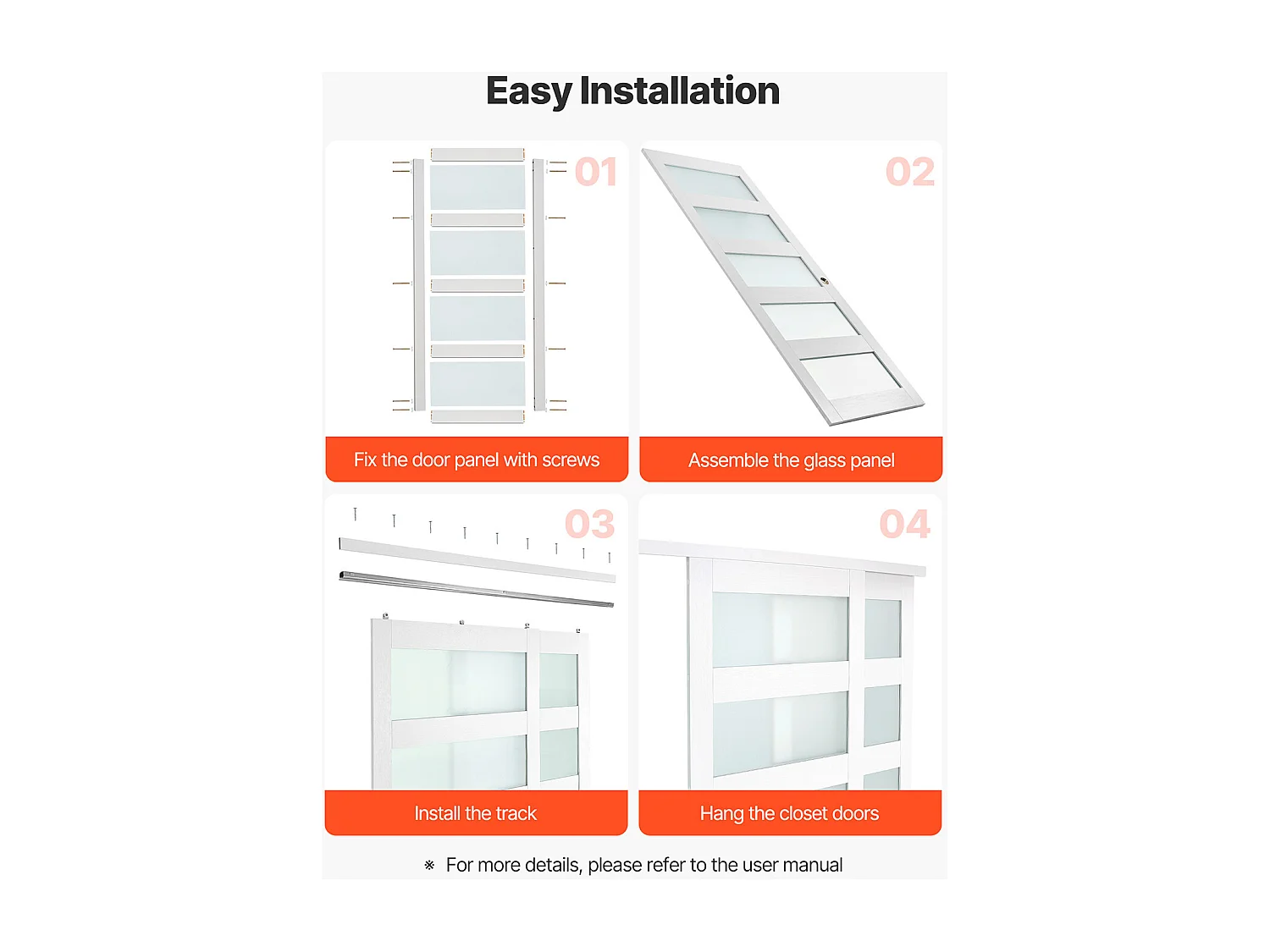 Puerta Corredera SucceBuy de Armario 152,4 x 203,2 cm, Puerta Doble de Armarios en Vidrio Esmerilado de 5 Paneles, con Kit de Herrajes y Carril de Suelo