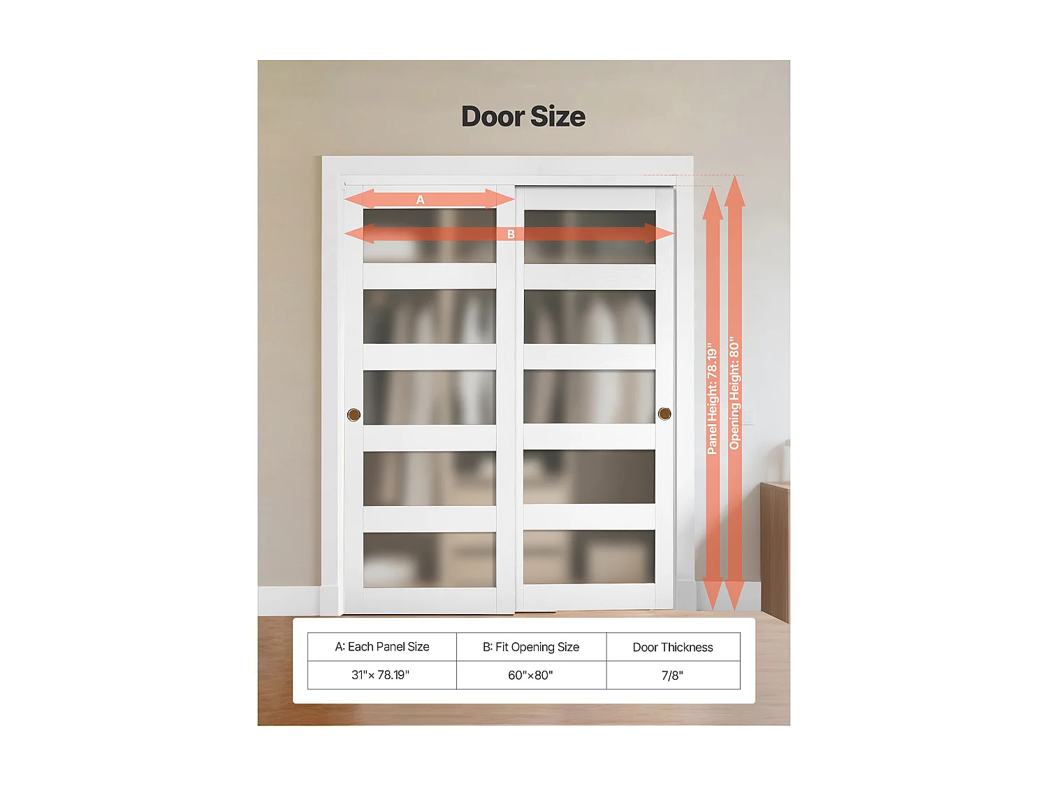 Puerta Corredera SucceBuy de Armario 152,4 x 203,2 cm, Puerta Doble de Armarios en Vidrio Esmerilado de 5 Paneles, con Kit de Herrajes y Carril de Suelo