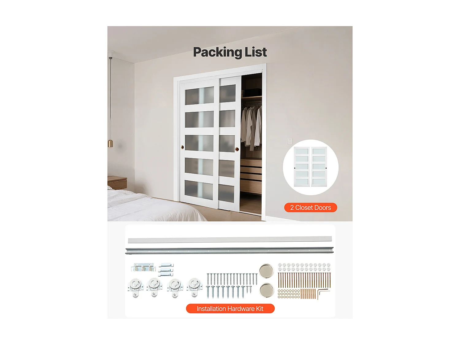 Puerta Corredera SucceBuy de Armario 152,4 x 203,2 cm, Puerta Doble de Armarios en Vidrio Esmerilado de 5 Paneles, con Kit de Herrajes y Carril de Suelo