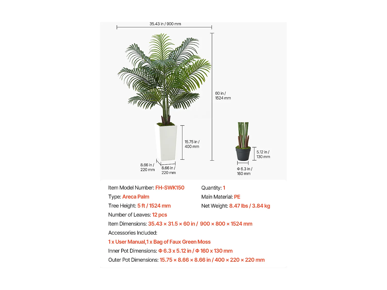Palmier Artificiel Areca SucceBuy, 1,5 m, Plante Artificielle Tropicale en Pot Blanc, Faux Arbre Tropical Palmier Areca, Fausse Plante pour Salon