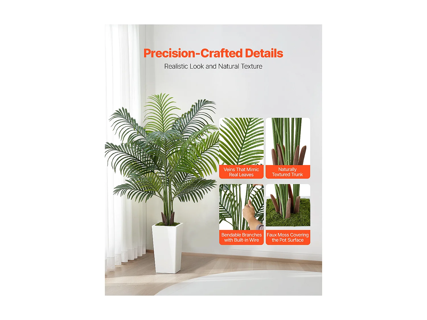 Palmier Artificiel Areca SucceBuy, 1,5 m, Plante Artificielle Tropicale en Pot Blanc, Faux Arbre Tropical Palmier Areca, Fausse Plante pour Salon