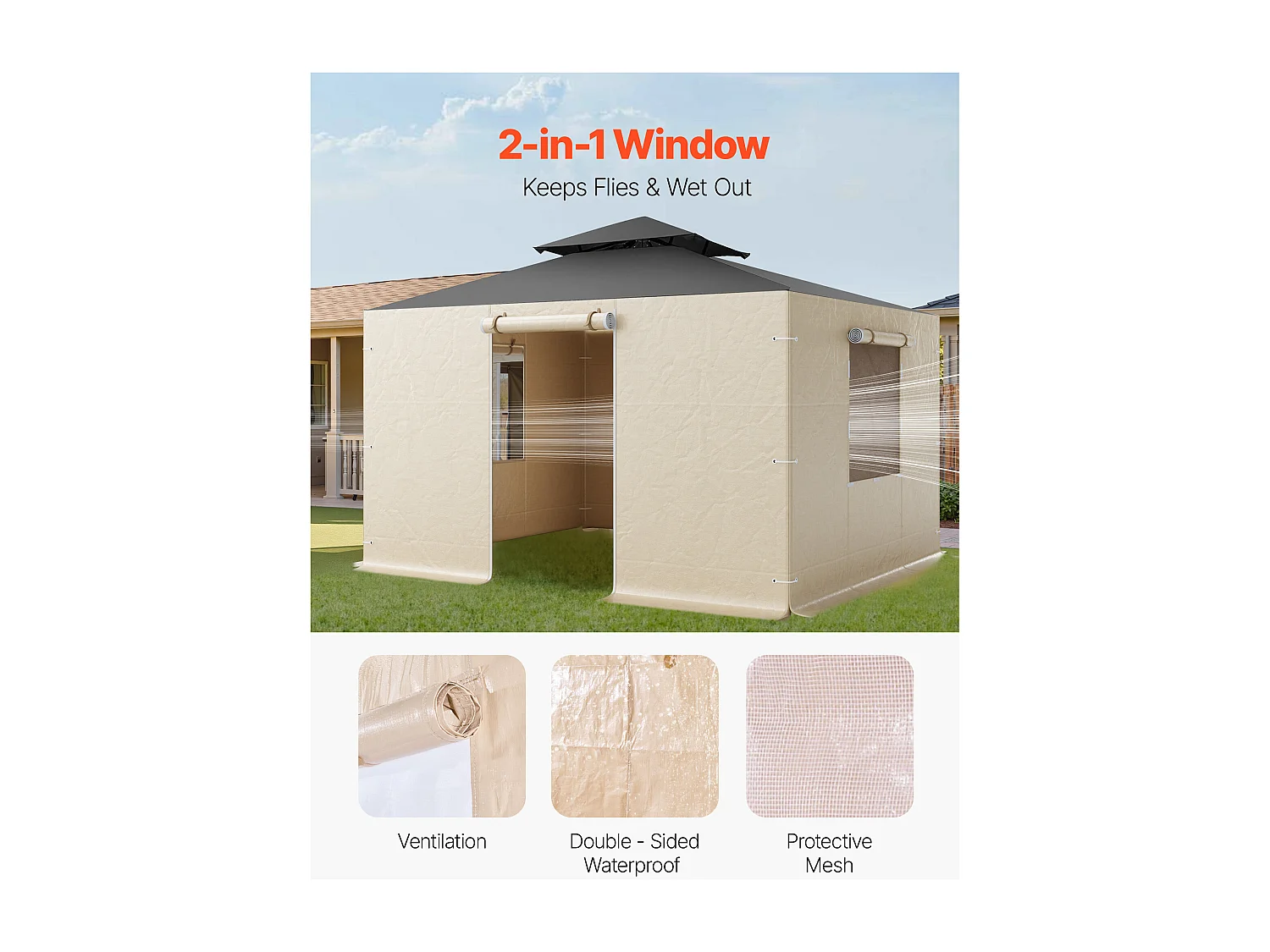 Parois Latérales de Housse de Gazebo Hiver SucceBuy, 3,1x3,6 m, Couverture de Gazebo de Toutes Saisons, avec Fenêtres en Maille, Matériau PE de Haute Densité