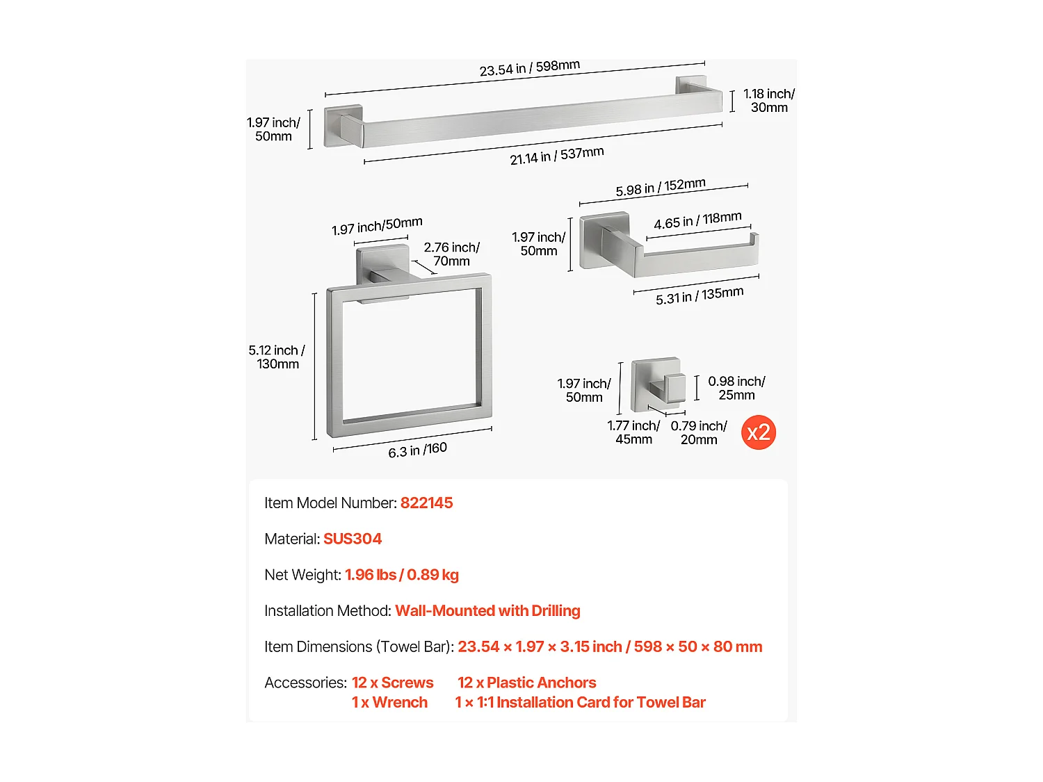 Accessoires de Salle de Bain SucceBuy en Nickel Brossé 5PCs, Porte-Serviettes Mural en Inox 59,8 cm avec Support Serviettes Carré, 2 Crochets pour Peignoir