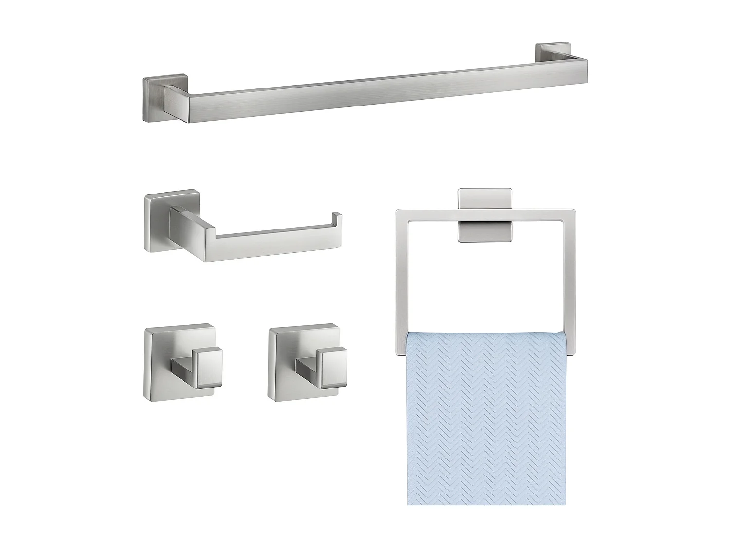 Accessoires de Salle de Bain SucceBuy en Nickel Brossé 5PCs, Porte-Serviettes Mural en Inox 59,8 cm avec Support Serviettes Carré, 2 Crochets pour Peignoir