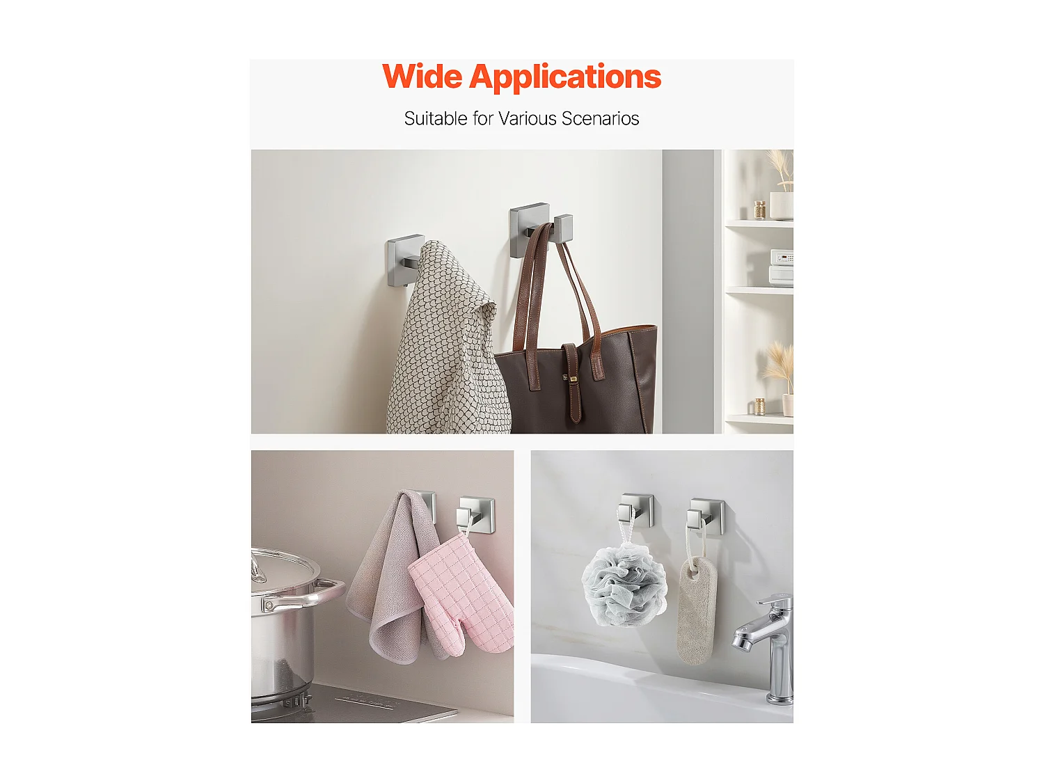 Accessoires de Salle de Bain SucceBuy en Nickel Brossé 5PCs, Porte-Serviettes Mural en Inox 59,8 cm avec Support Serviettes Carré, 2 Crochets pour Peignoir