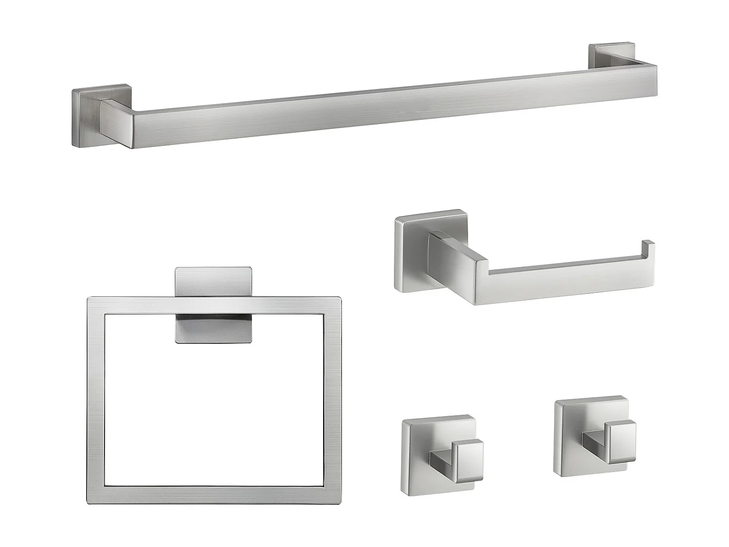 Accessoires de Salle de Bain SucceBuy en Nickel Brossé 5PCs, Porte-Serviettes Mural en Inox 59,8 cm avec Support Serviettes Carré, 2 Crochets pour Peignoir