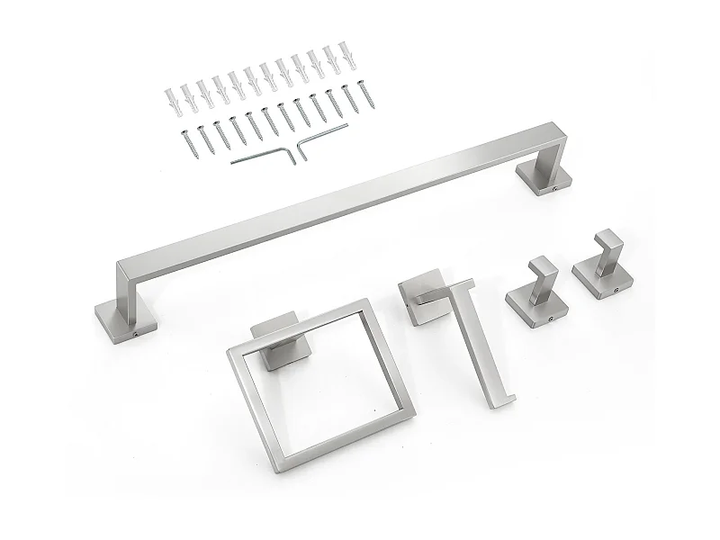 Accessoires de Salle de Bain SucceBuy en Nickel Brossé 5PCs, Porte-Serviettes Mural en Inox 59,8 cm avec Support Serviettes Carré, 2 Crochets pour Peignoir