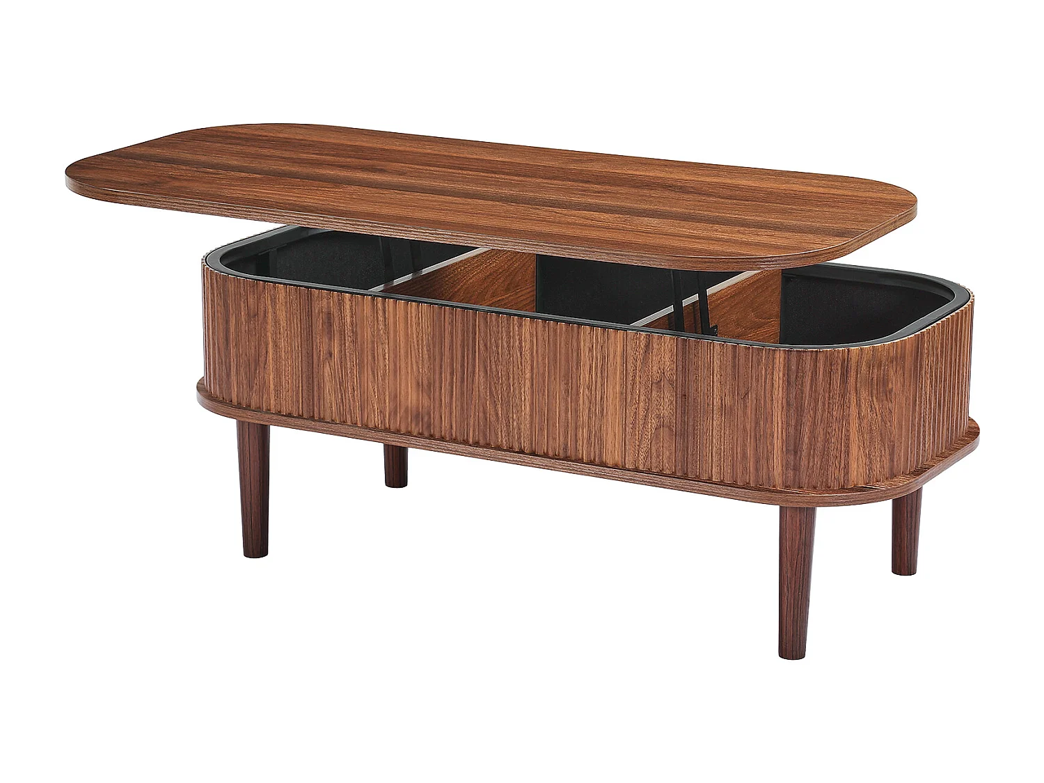 Table Basse Relevable SucceBuy, 100 x 48 x 40.5 cm, Table de Salon Ovale Cannelée avec 3 Compartiments Cachés, Bureau Central en Bois Style Milieu du Siècle