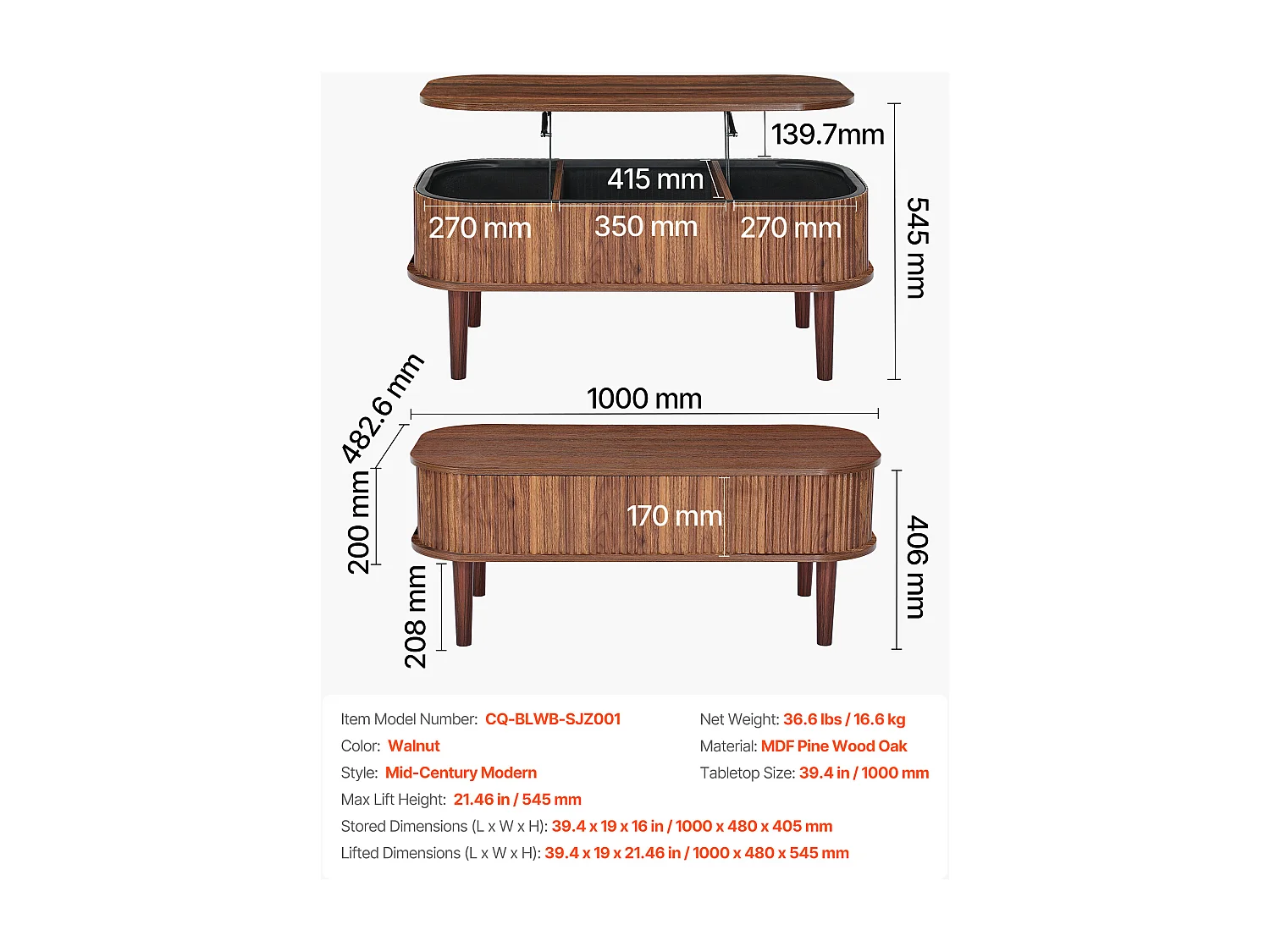 Table Basse Relevable SucceBuy, 100 x 48 x 40.5 cm, Table de Salon Ovale Cannelée avec 3 Compartiments Cachés, Bureau Central en Bois Style Milieu du Siècle