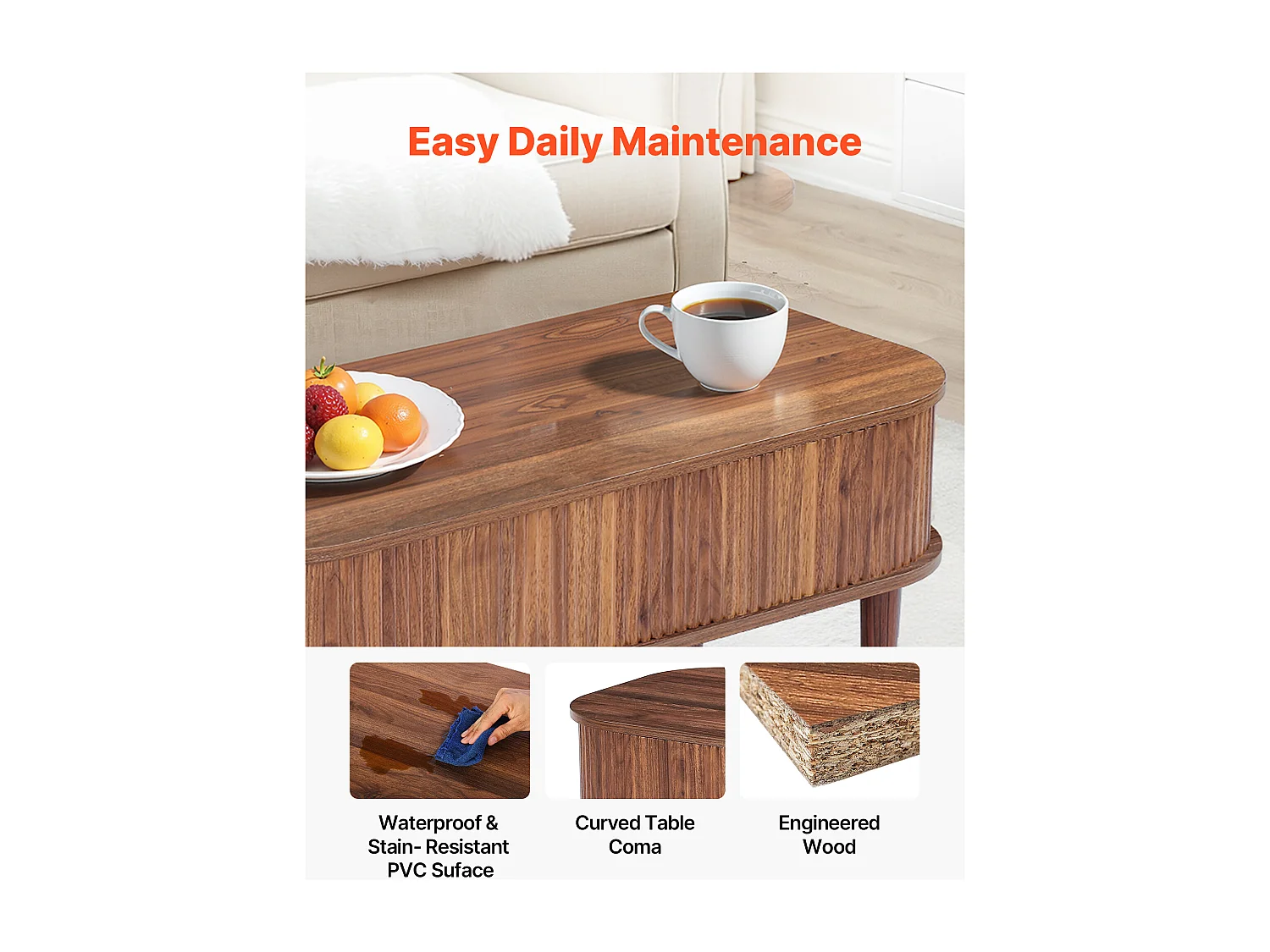 Table Basse Relevable SucceBuy, 100 x 48 x 40.5 cm, Table de Salon Ovale Cannelée avec 3 Compartiments Cachés, Bureau Central en Bois Style Milieu du Siècle