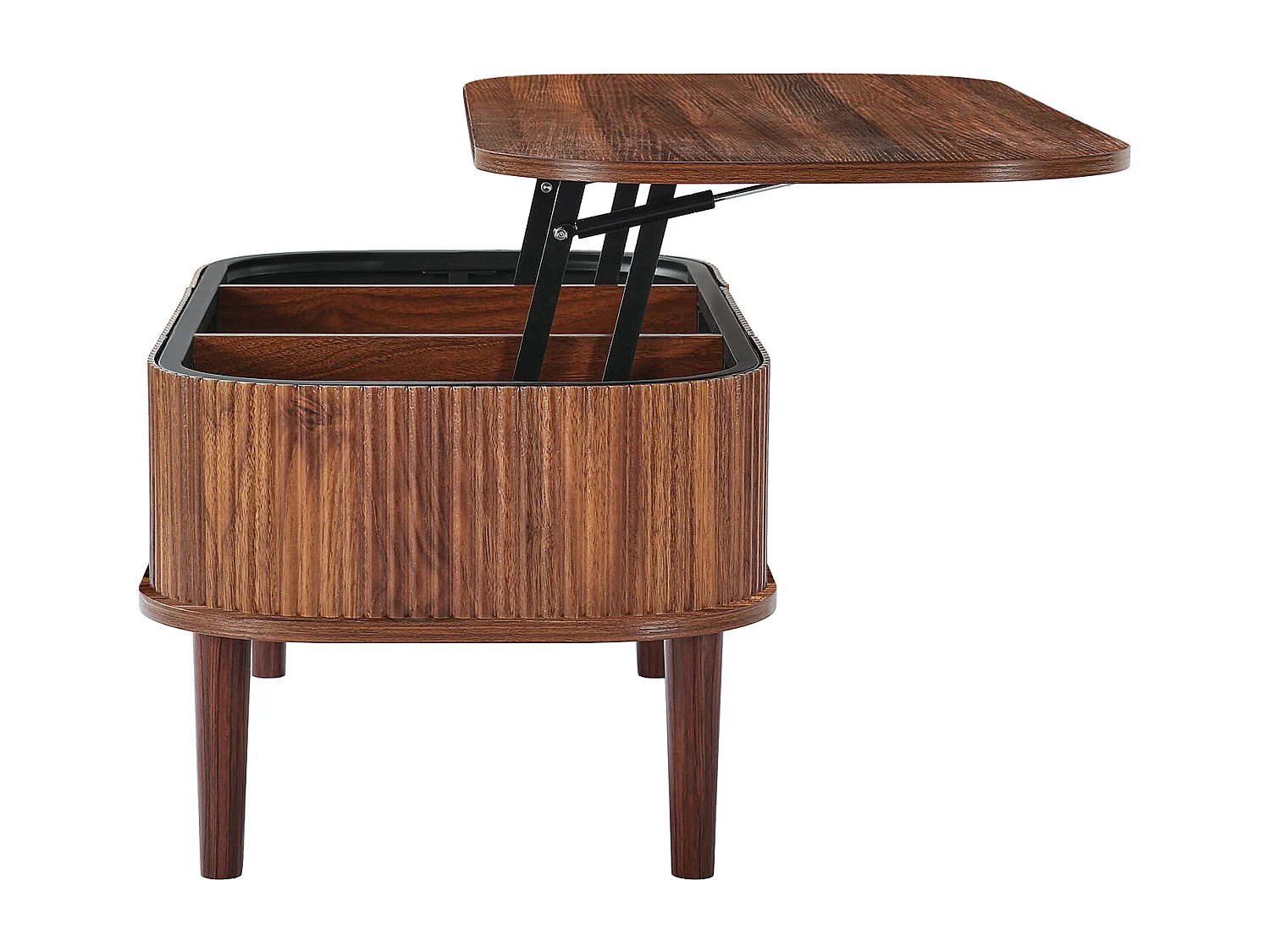 Table Basse Relevable SucceBuy, 100 x 48 x 40.5 cm, Table de Salon Ovale Cannelée avec 3 Compartiments Cachés, Bureau Central en Bois Style Milieu du Siècle