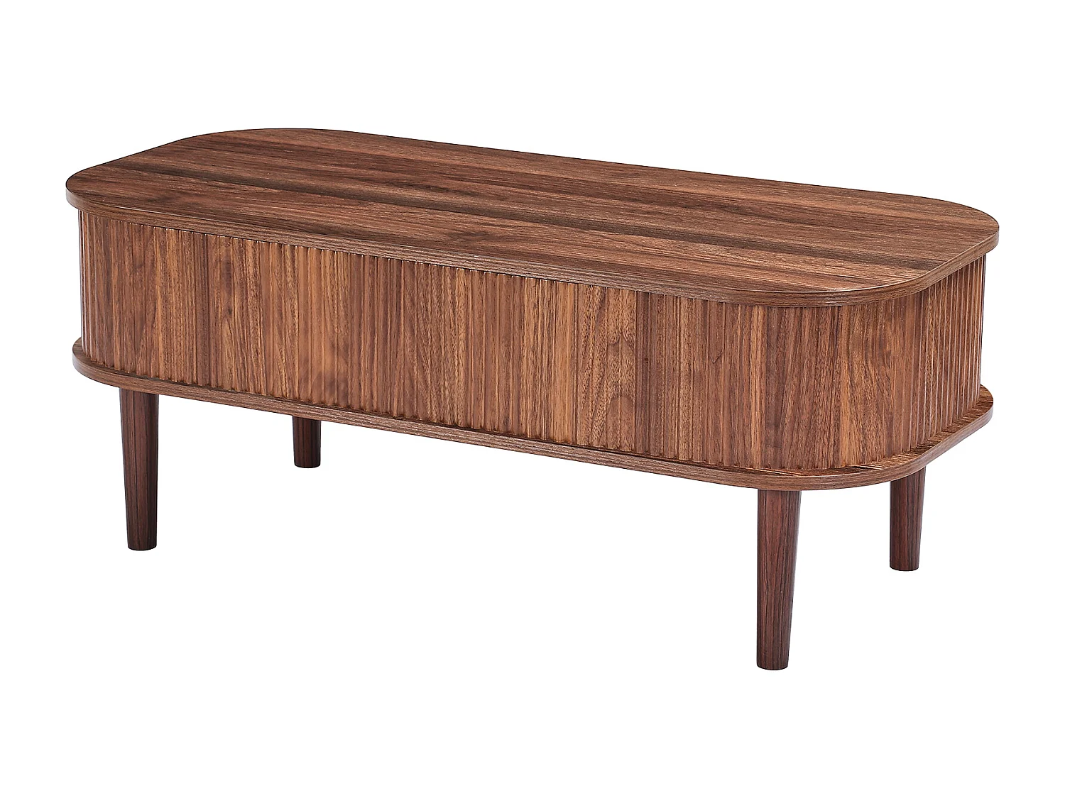 Table Basse Relevable SucceBuy, 100 x 48 x 40.5 cm, Table de Salon Ovale Cannelée avec 3 Compartiments Cachés, Bureau Central en Bois Style Milieu du Siècle