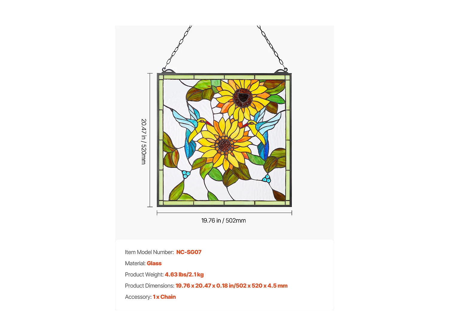 Apaga-sol Vitral SucceBuy 52 x 50,2 cm, Vitral Suspenso com Corrente, Estilo Tiffany, Retângulo Vertical, Artesanato Tradicional Vintage para Decoração