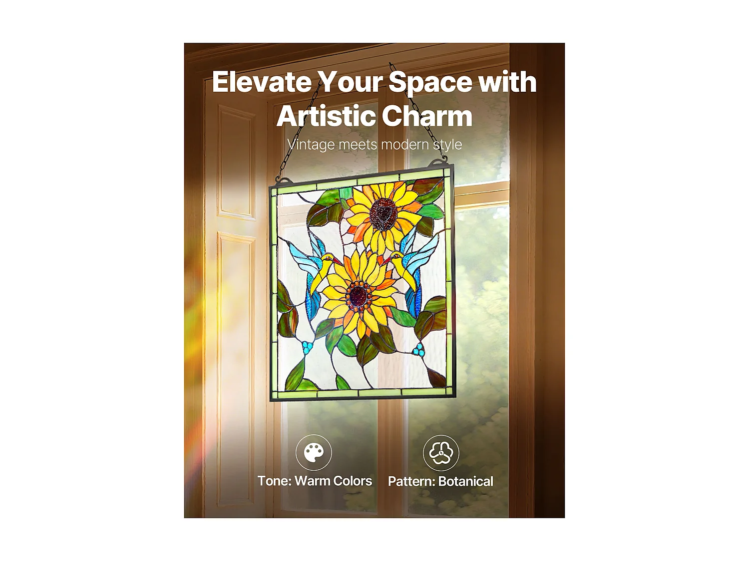 Apaga-sol Vitral SucceBuy 52 x 50,2 cm, Vitral Suspenso com Corrente, Estilo Tiffany, Retângulo Vertical, Artesanato Tradicional Vintage para Decoração