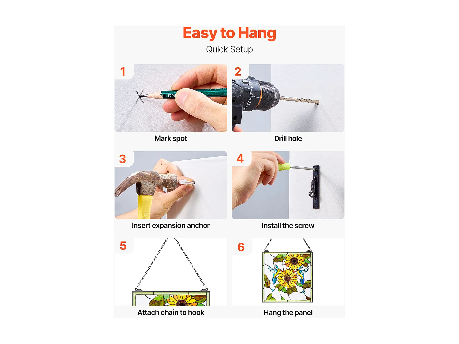 Apaga-sol Vitral SucceBuy 52 x 50,2 cm, Vitral Suspenso com Corrente, Estilo Tiffany, Retângulo Vertical, Artesanato Tradicional Vintage para Decoração