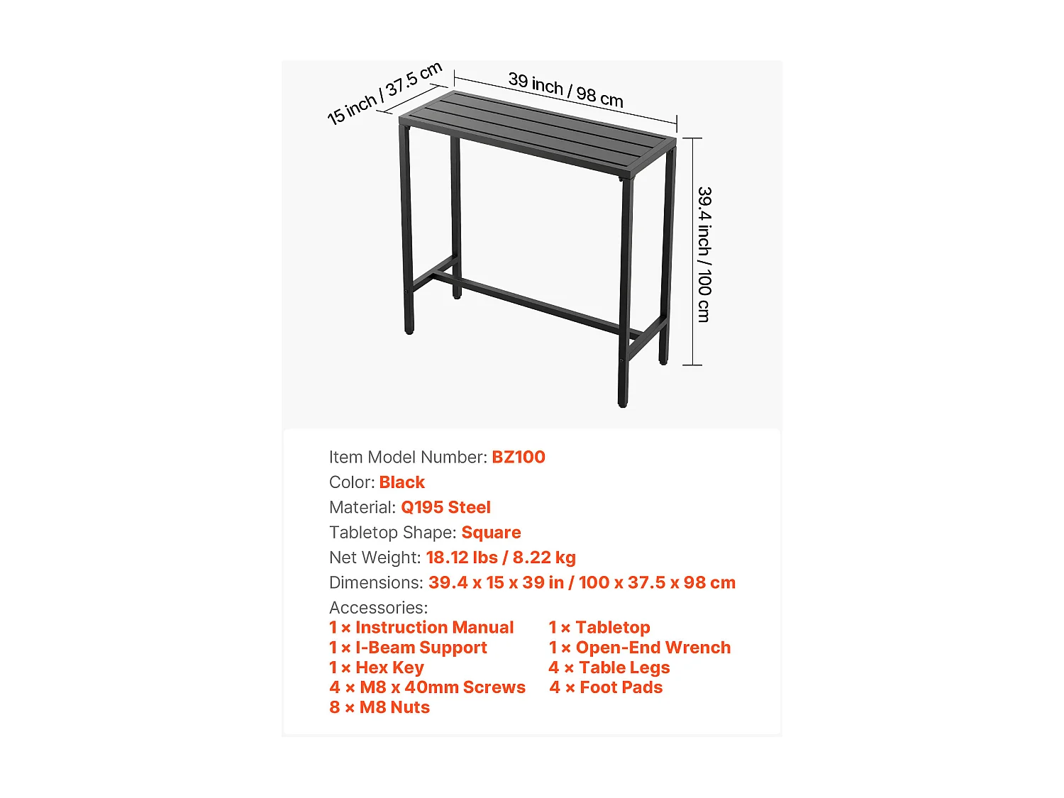 Hoge Bartafel SucceBuy voor Buiten, 100 x 37,5 cm, Rechthoekige Eettafel, met Waterdicht Blad, Robuuste Metalen Constructie, Tuinmeubilair