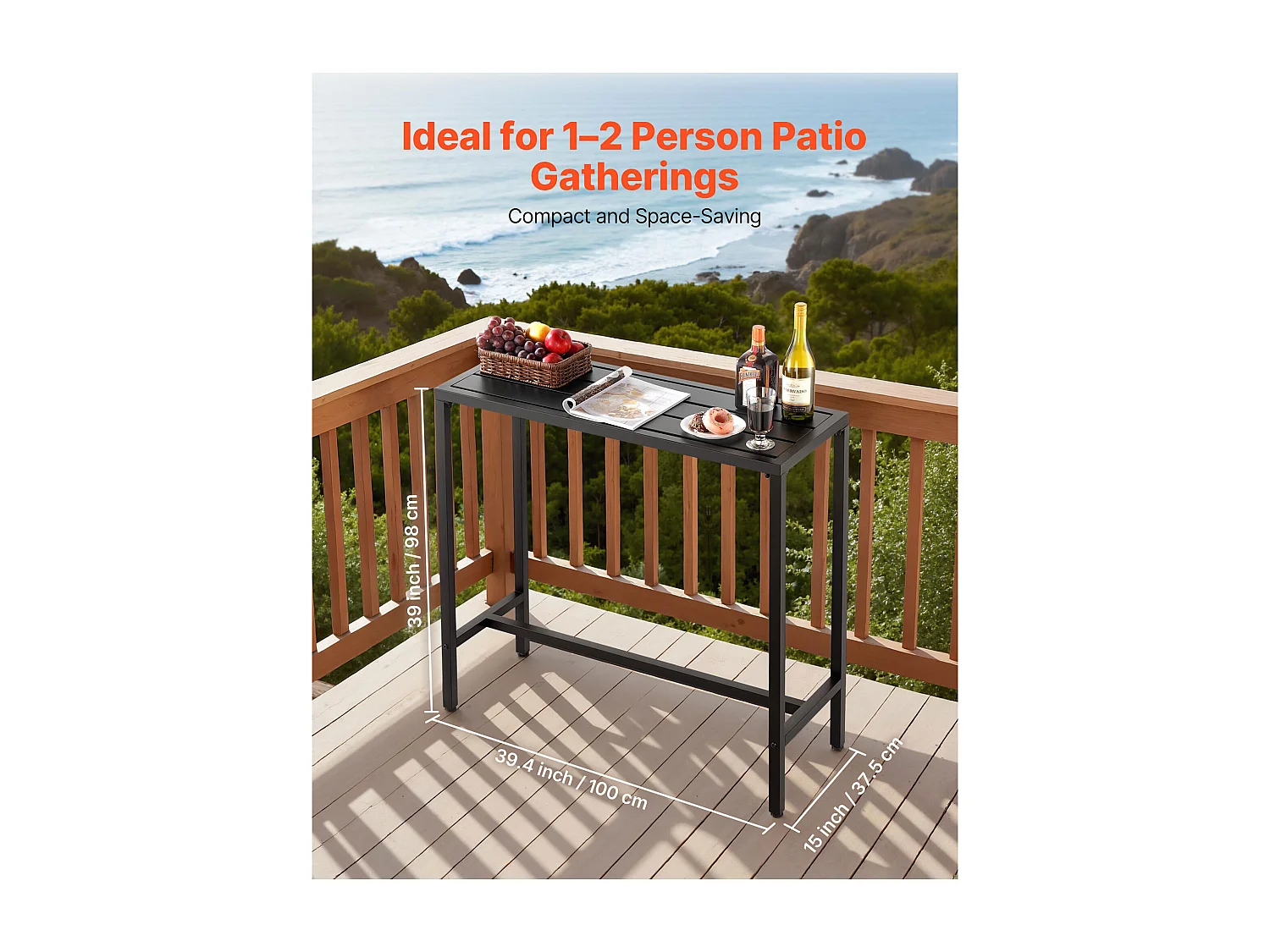 Hoge Bartafel SucceBuy voor Buiten, 100 x 37,5 cm, Rechthoekige Eettafel, met Waterdicht Blad, Robuuste Metalen Constructie, Tuinmeubilair