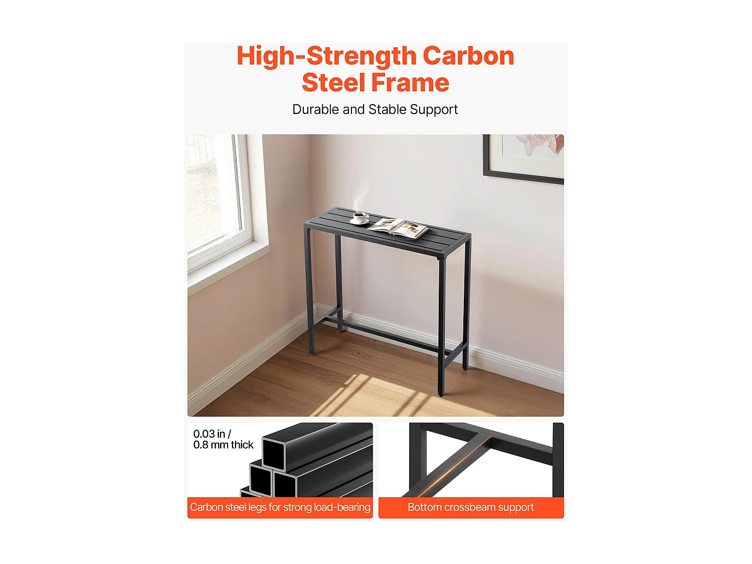 Hoge Bartafel SucceBuy voor Buiten, 100 x 37,5 cm, Rechthoekige Eettafel, met Waterdicht Blad, Robuuste Metalen Constructie, Tuinmeubilair