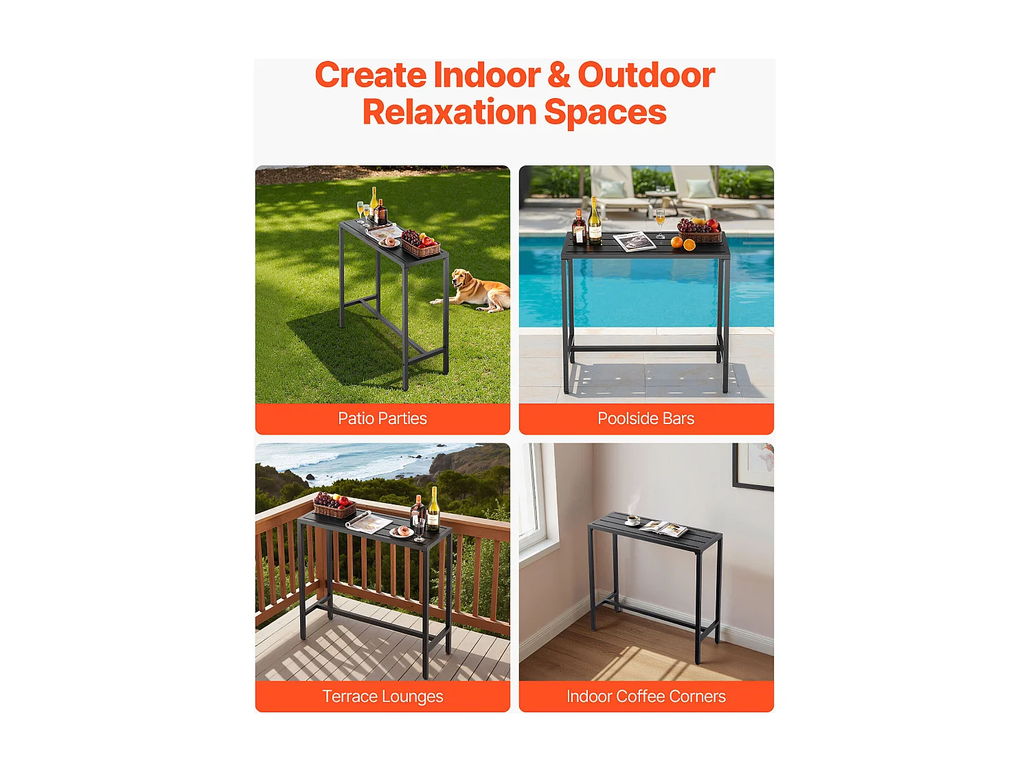 Hoge Bartafel SucceBuy voor Buiten, 100 x 37,5 cm, Rechthoekige Eettafel, met Waterdicht Blad, Robuuste Metalen Constructie, Tuinmeubilair