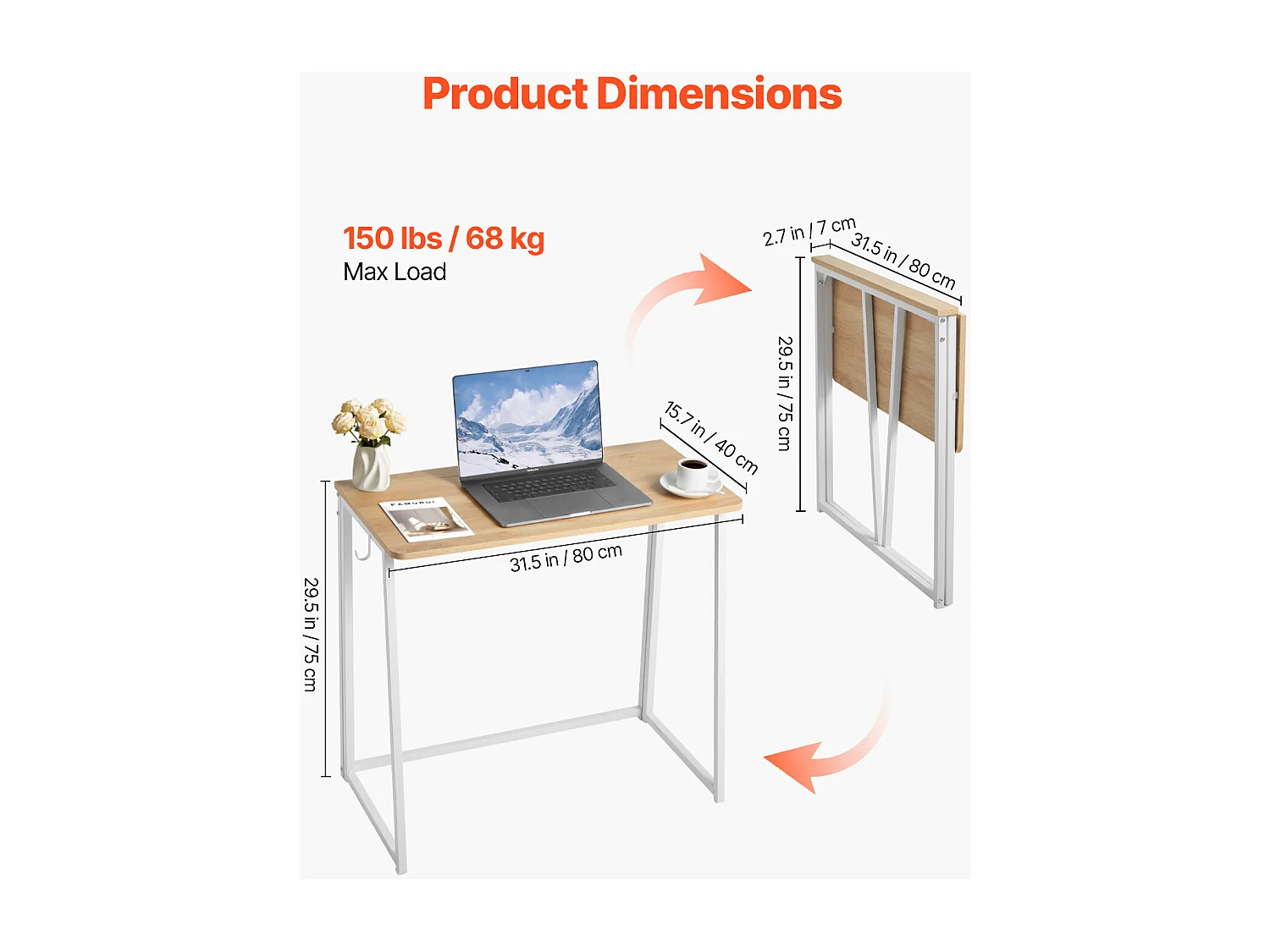Bureau d'Ordinateur SucceBuy Pliant 80 cm, Table de Bureau Informatique Pliable pour Petits Espaces, Poste de Travail en Panneau de Particules Robuste