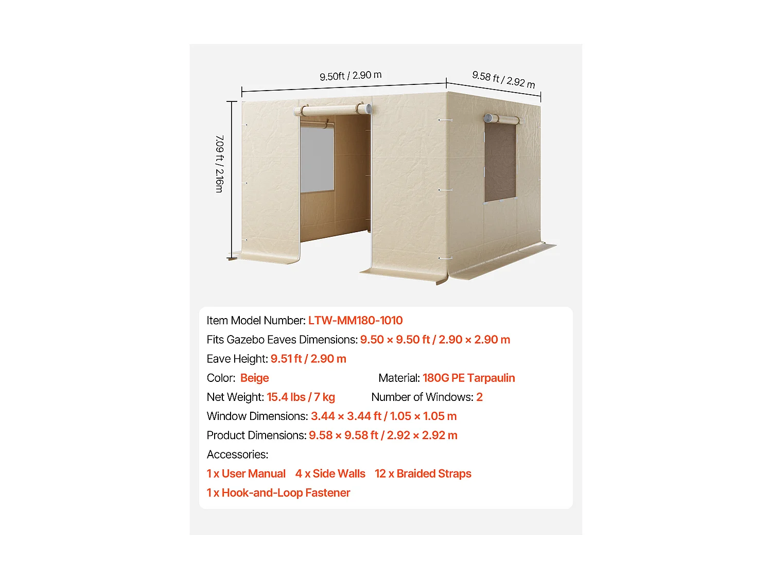 Paredes Laterais para Capa de Gazebo Inverno SucceBuy, 2,9x2,9 m, Cobertura para Gazebo para Todas as Estações, com Janelas de Rede, Material PE de Alta Densidade