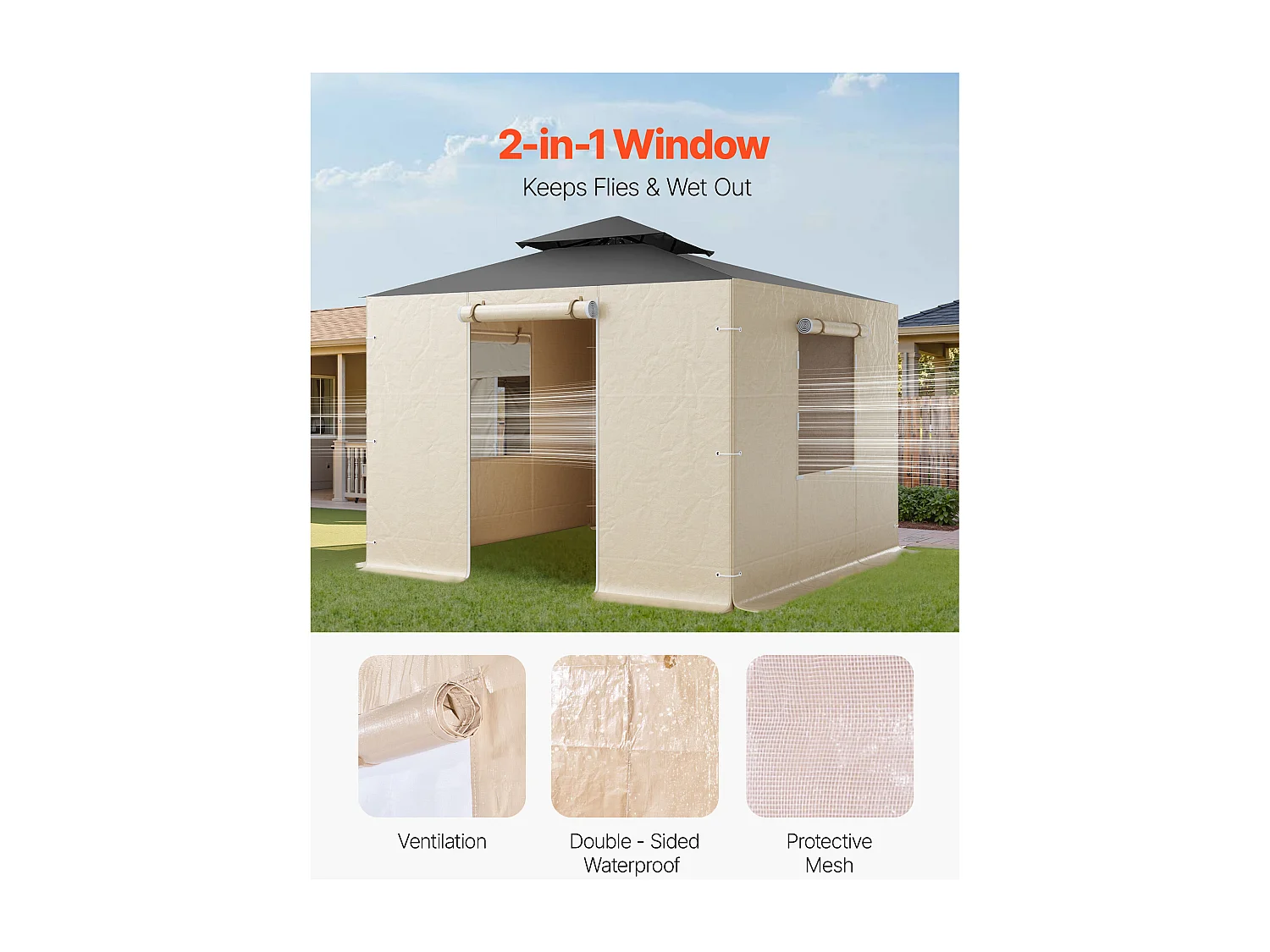 Paredes Laterais para Capa de Gazebo Inverno SucceBuy, 2,9x2,9 m, Cobertura para Gazebo para Todas as Estações, com Janelas de Rede, Material PE de Alta Densidade