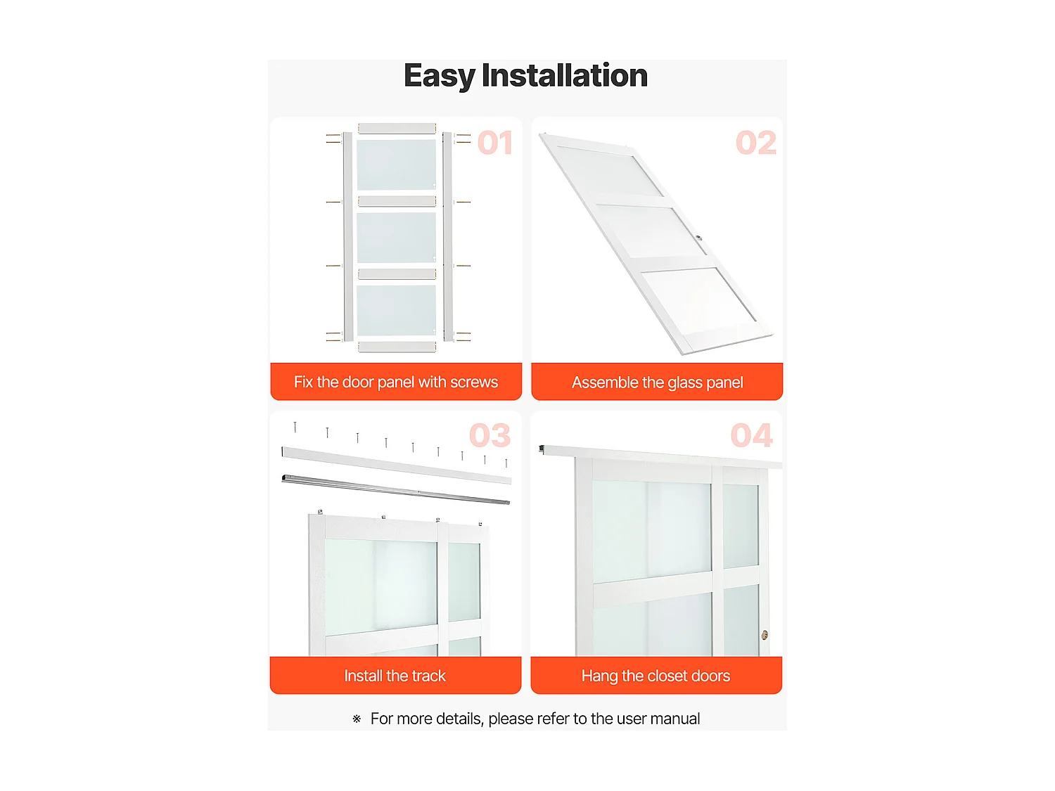 Porte Coulissante SucceBuy de Placard 182,9 x 203,2 cm, Double Porte de Garde-robes en Verre Dépoli à 3 Panneaux, avec Kit de Quincaillerie et Rail au Sol