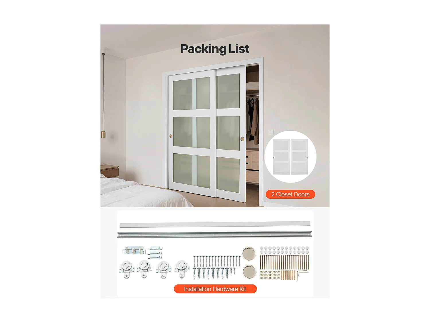 Porte Coulissante SucceBuy de Placard 182,9 x 203,2 cm, Double Porte de Garde-robes en Verre Dépoli à 3 Panneaux, avec Kit de Quincaillerie et Rail au Sol