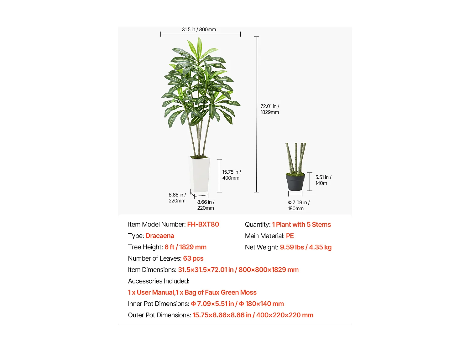 Dracaena Artificiel SucceBuy, 1,8 m, Plante Artificielle Tropicale en Pot Blanc, Faux Arbre Tropical, Fausse Plante Feuilles Polyéthylène pour Salon