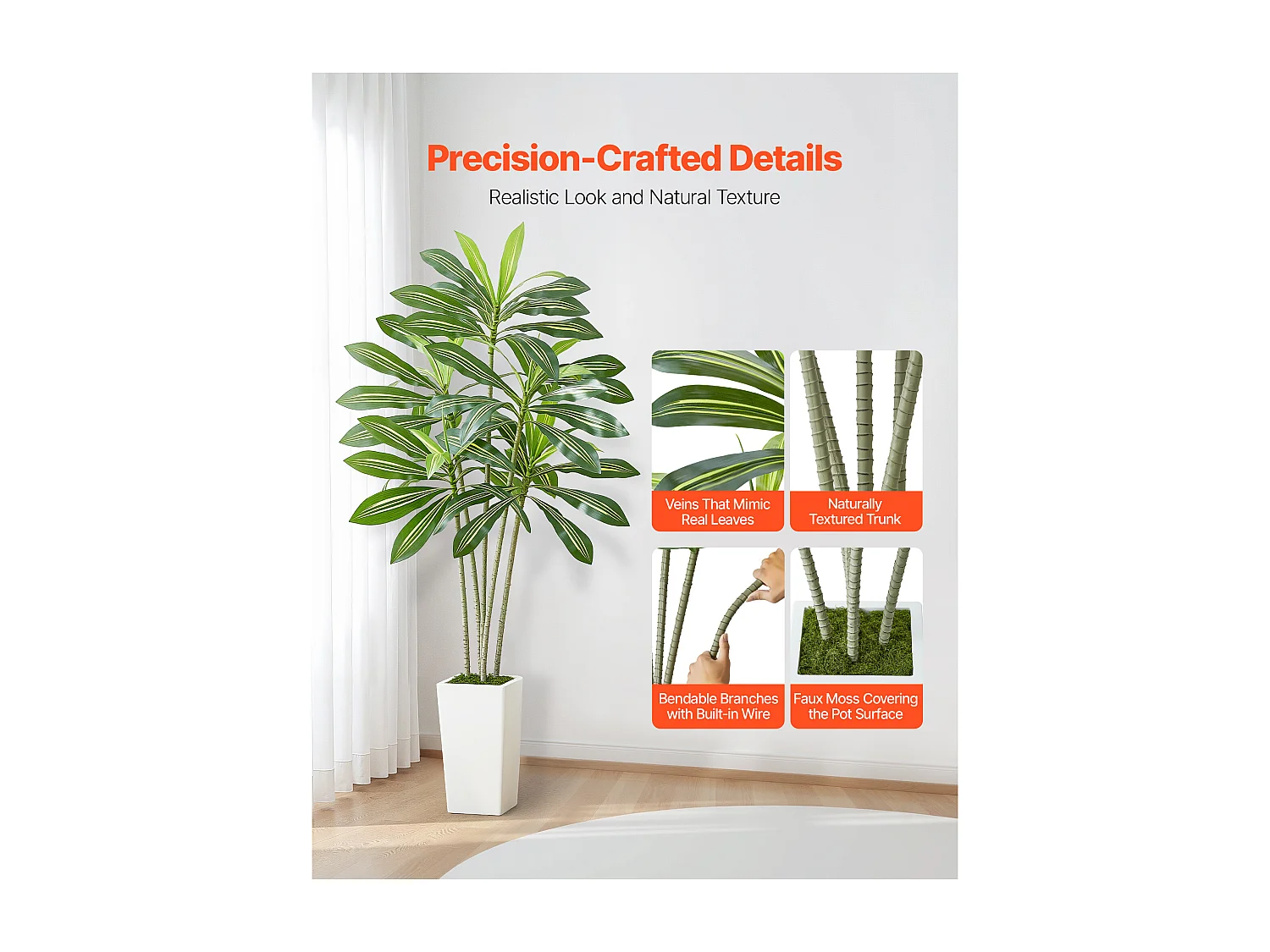 Dracaena Artificiel SucceBuy, 1,8 m, Plante Artificielle Tropicale en Pot Blanc, Faux Arbre Tropical, Fausse Plante Feuilles Polyéthylène pour Salon