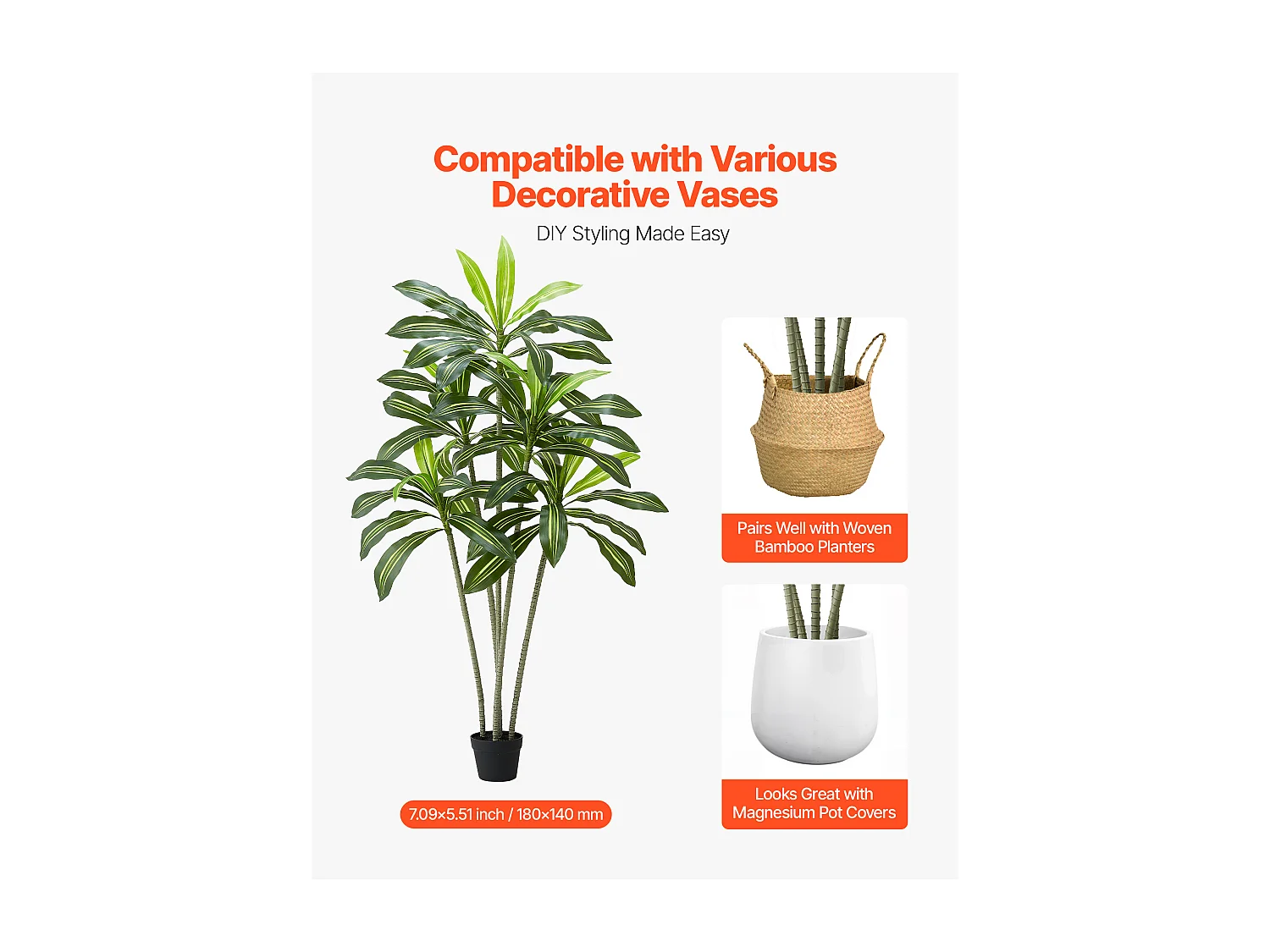 Dracaena Artificiel SucceBuy, 1,8 m, Plante Artificielle Tropicale en Pot Blanc, Faux Arbre Tropical, Fausse Plante Feuilles Polyéthylène pour Salon