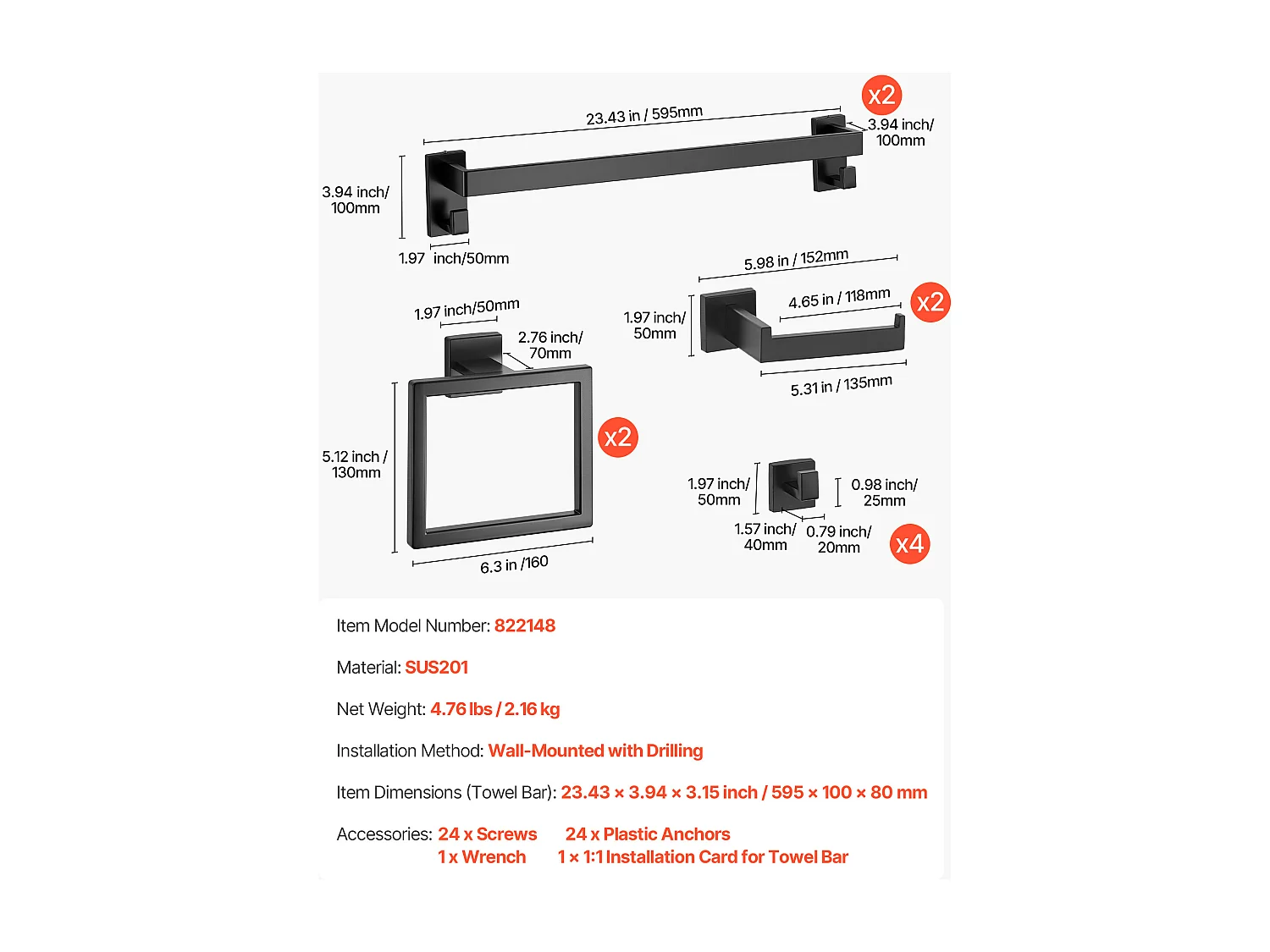 Acessórios de Banheiro SucceBuy 10PCs, 2 Toalheiros de Aço Inoxidável 59,5 cm com 2 Suportes de Toalha Quadrados, 4 Ganchos para Roupão, Preto Fosco