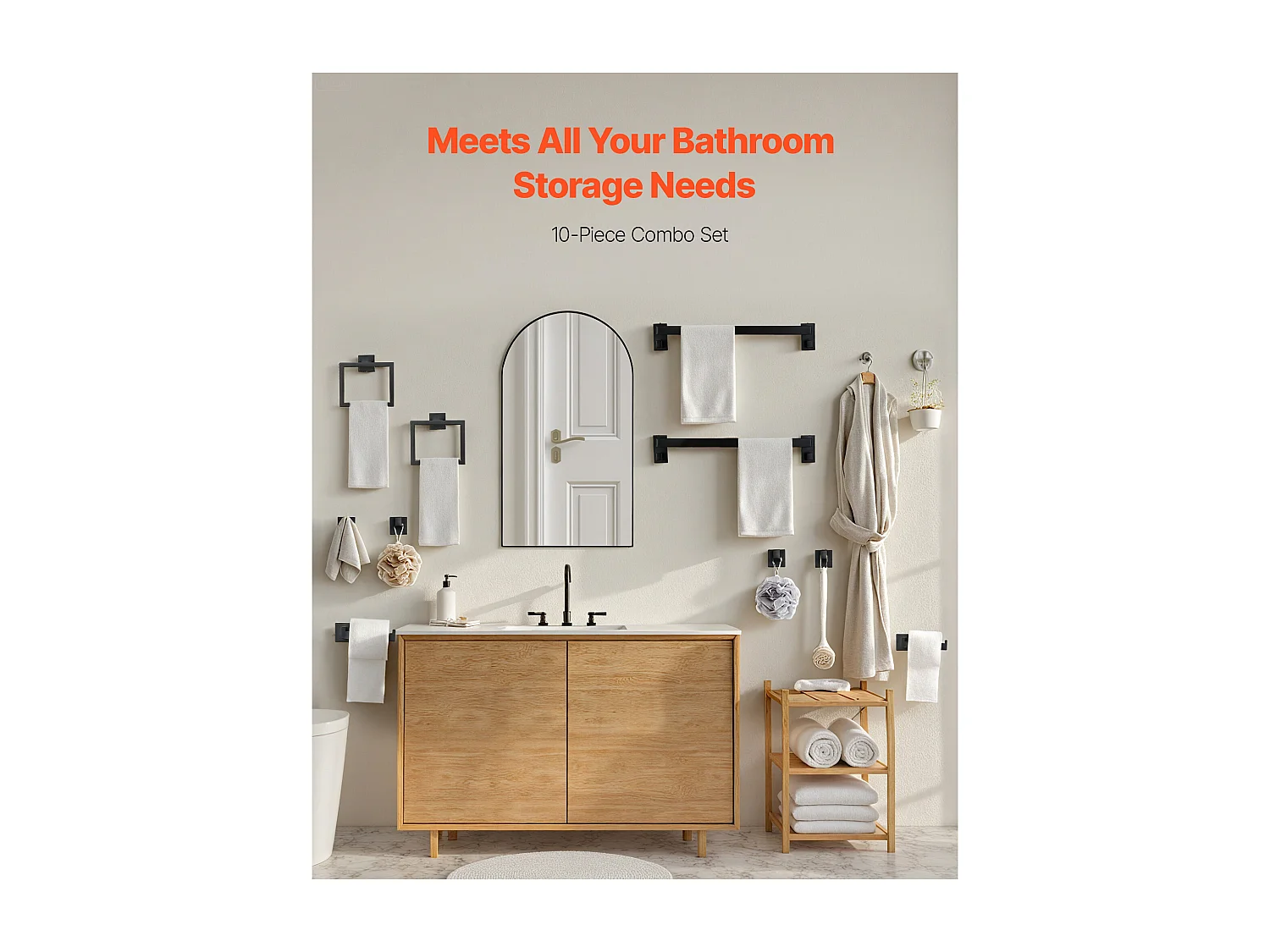 Acessórios de Banheiro SucceBuy 10PCs, 2 Toalheiros de Aço Inoxidável 59,5 cm com 2 Suportes de Toalha Quadrados, 4 Ganchos para Roupão, Preto Fosco