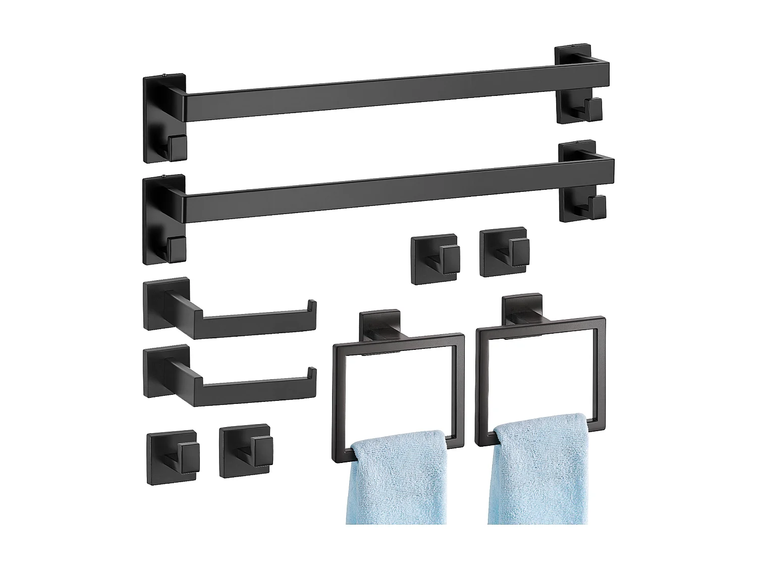 Acessórios de Banheiro SucceBuy 10PCs, 2 Toalheiros de Aço Inoxidável 59,5 cm com 2 Suportes de Toalha Quadrados, 4 Ganchos para Roupão, Preto Fosco