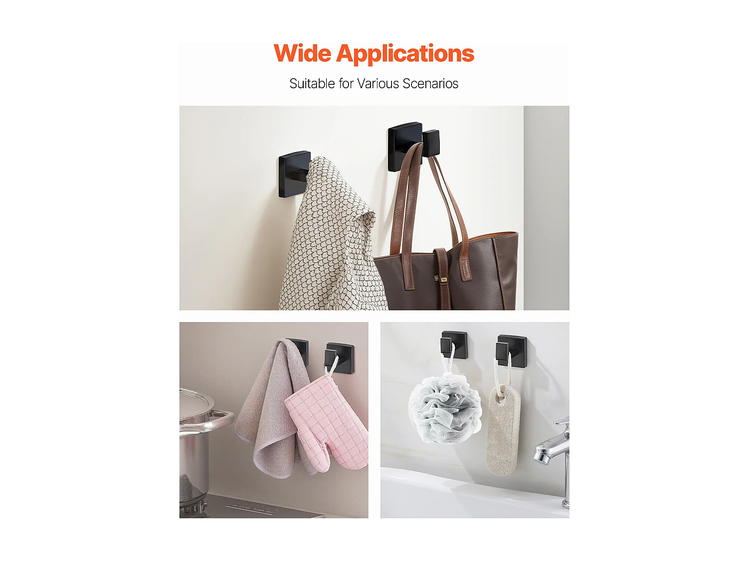 Acessórios de Banheiro SucceBuy 10PCs, 2 Toalheiros de Aço Inoxidável 59,5 cm com 2 Suportes de Toalha Quadrados, 4 Ganchos para Roupão, Preto Fosco