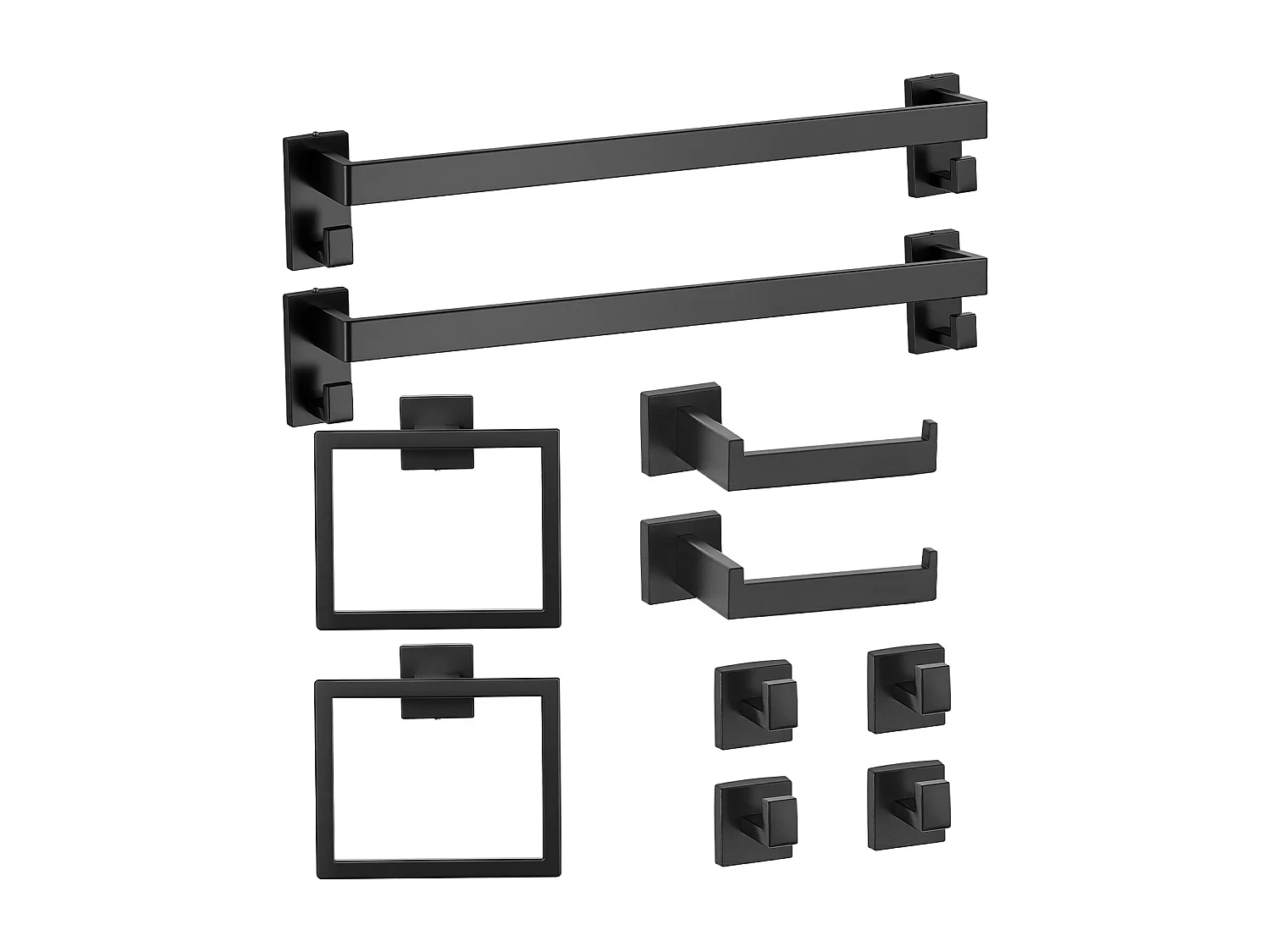 Acessórios de Banheiro SucceBuy 10PCs, 2 Toalheiros de Aço Inoxidável 59,5 cm com 2 Suportes de Toalha Quadrados, 4 Ganchos para Roupão, Preto Fosco