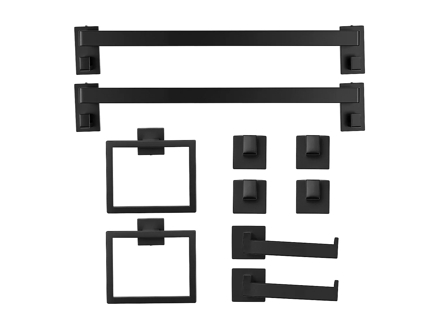 Acessórios de Banheiro SucceBuy 10PCs, 2 Toalheiros de Aço Inoxidável 59,5 cm com 2 Suportes de Toalha Quadrados, 4 Ganchos para Roupão, Preto Fosco