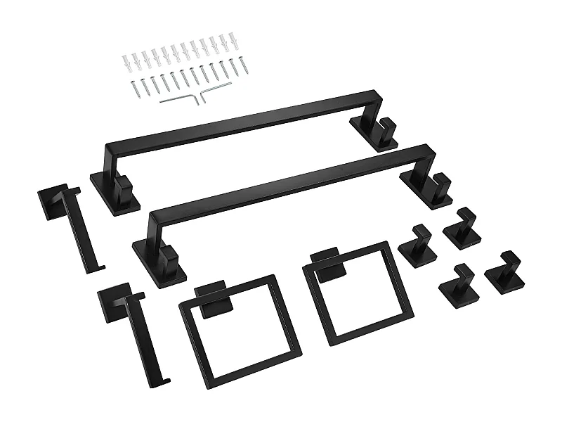 Acessórios de Banheiro SucceBuy 10PCs, 2 Toalheiros de Aço Inoxidável 59,5 cm com 2 Suportes de Toalha Quadrados, 4 Ganchos para Roupão, Preto Fosco
