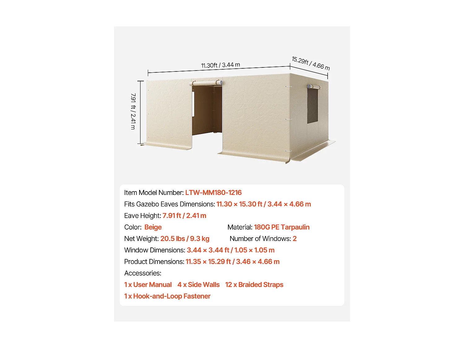 Boczne Ściany dla Pokrowca na Altankę Zima SucceBuy, 3,44x4,66 m, Pokrycie na Altankę na Wszystkie Sezony, z Oknami z Siatki, Materiał PE Wysokiej Gęstości