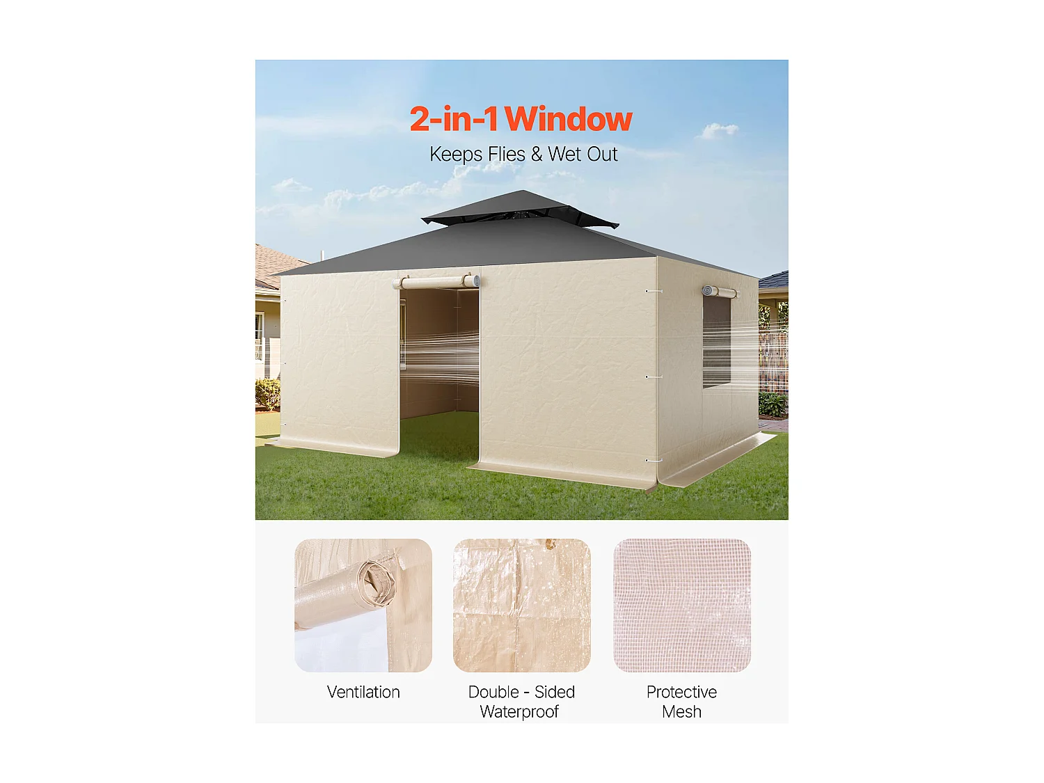 Boczne Ściany dla Pokrowca na Altankę Zima SucceBuy, 3,44x4,66 m, Pokrycie na Altankę na Wszystkie Sezony, z Oknami z Siatki, Materiał PE Wysokiej Gęstości