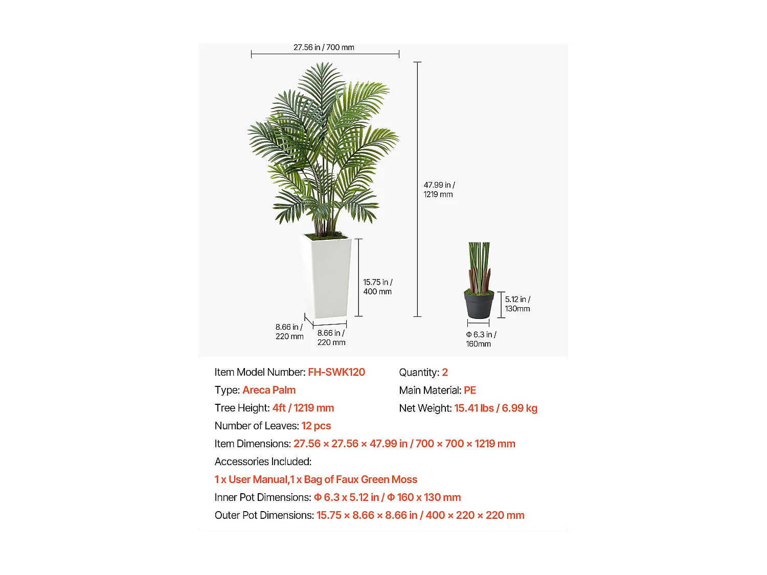 Palmier Artificiel Areca SucceBuy, 1,2 m, Plante Artificielle Tropicale en Pot Blanc, Lot de 2, Faux Arbre Tropical Palmier Areca, Fausse Plante pour Bureau