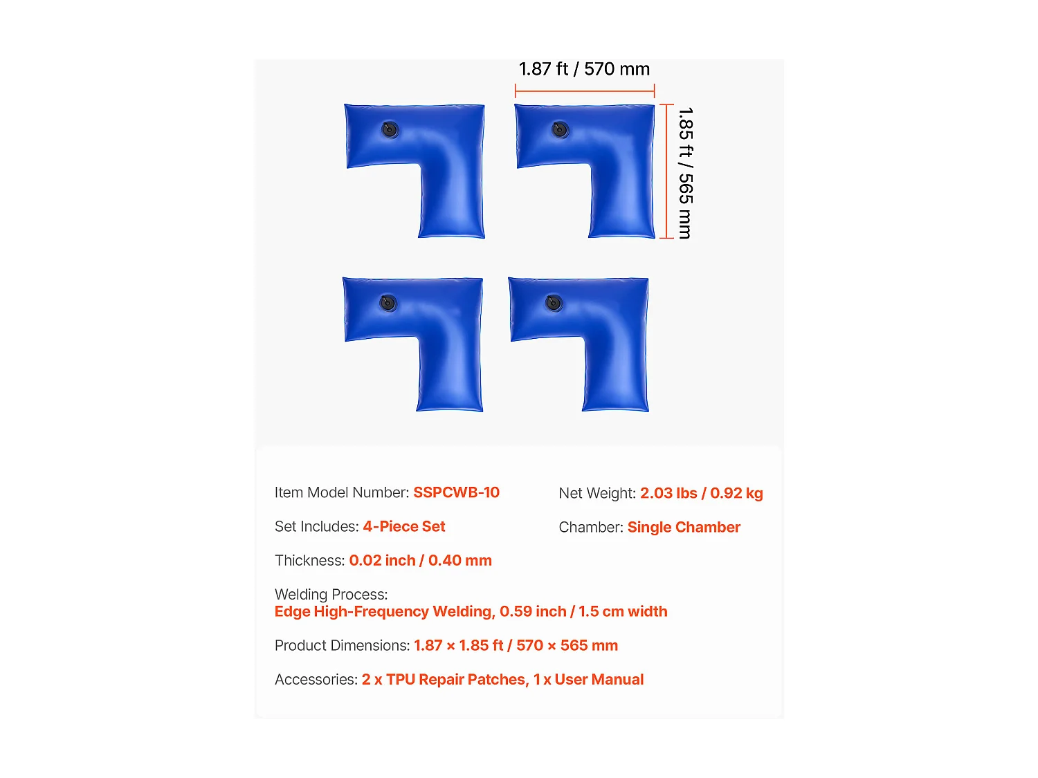 Waterzak SucceBuy voor Zwembadzeil, Set van 4, Hoekballastzak, 57x56,5 cm, Geballaste Slangzakken PVC Dikte 0,4 mm, met Schroefdop Waterdicht