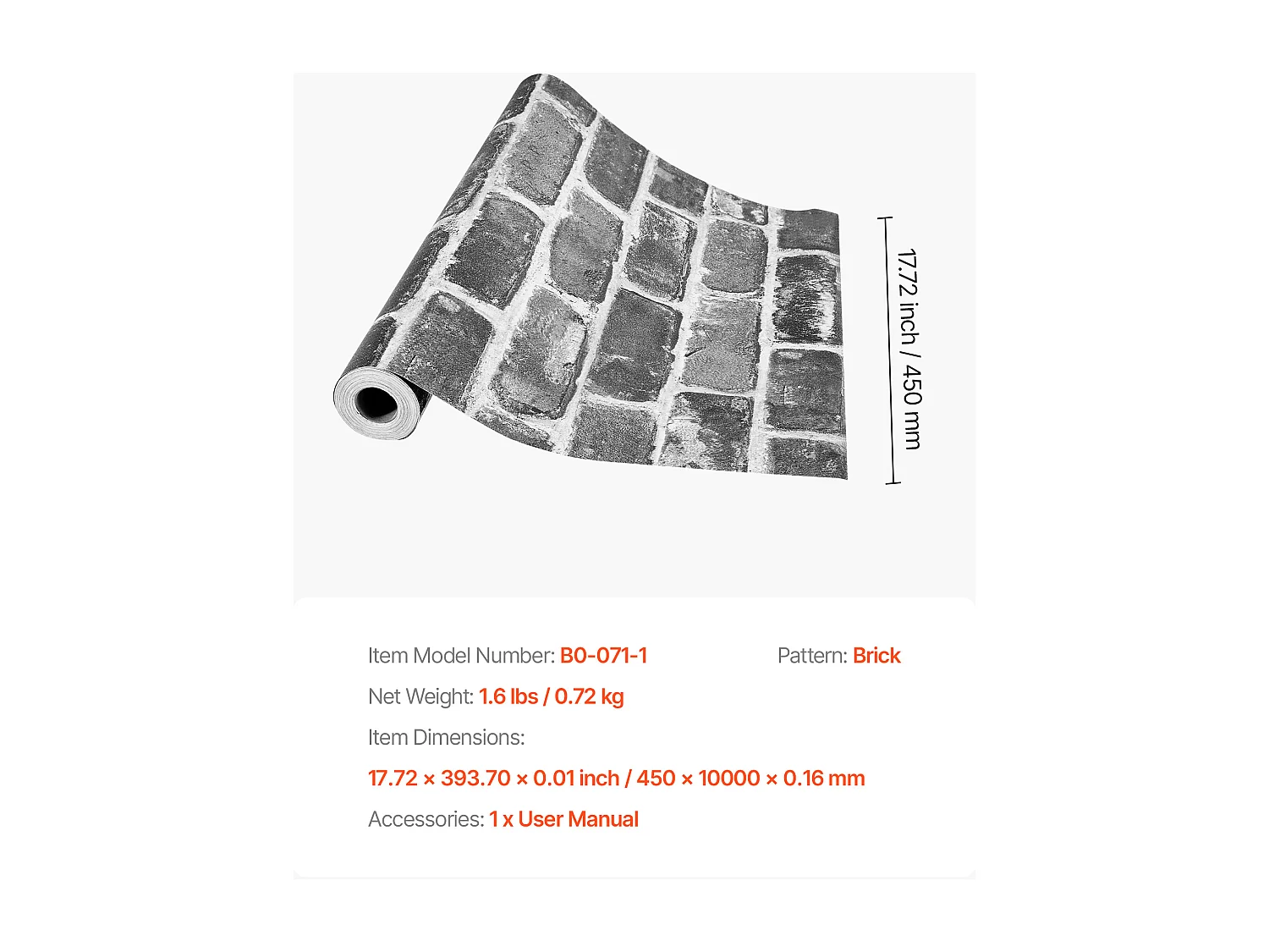 Papier Peint Adhésif Mural SucceBuy, 45 cm x 10 m, Rouleau de Papier Peint Autocollant en Vinyle, Motif Brique Grise, Imperméable, pour Revêtement Mural