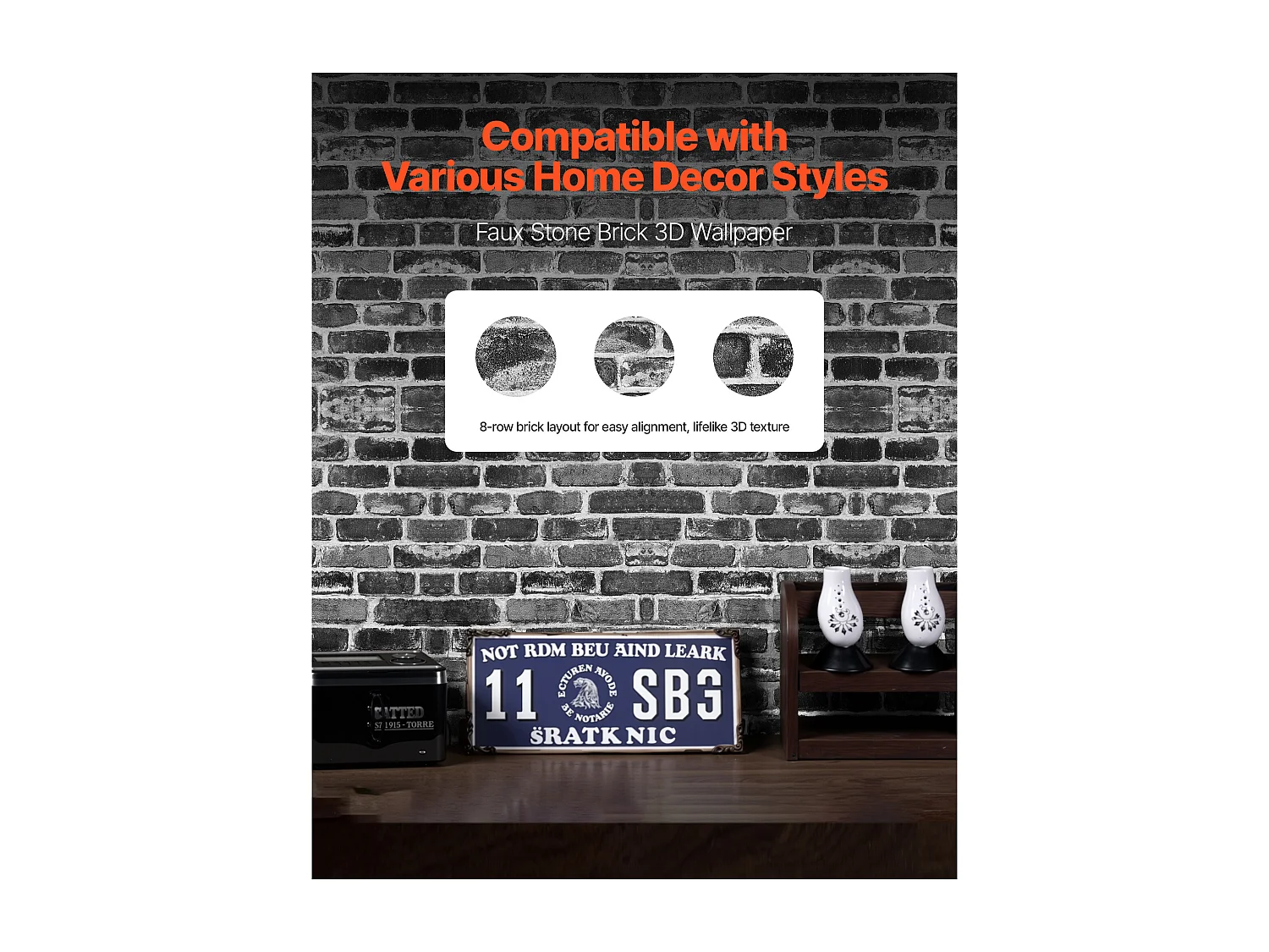 Papier Peint Adhésif Mural SucceBuy, 45 cm x 10 m, Rouleau de Papier Peint Autocollant en Vinyle, Motif Brique Grise, Imperméable, pour Revêtement Mural