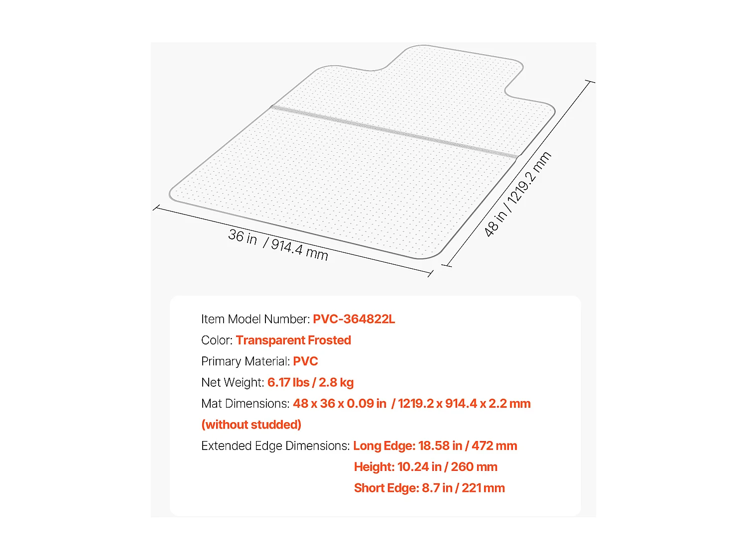 Tapis Chaise de Bureau SucceBuy avec Rebord de 121,9x91,4 cm, Tapis Protège-sol pour Moquettes en Plastique avec Clous, Antidérapant et Facile à Nettoyer