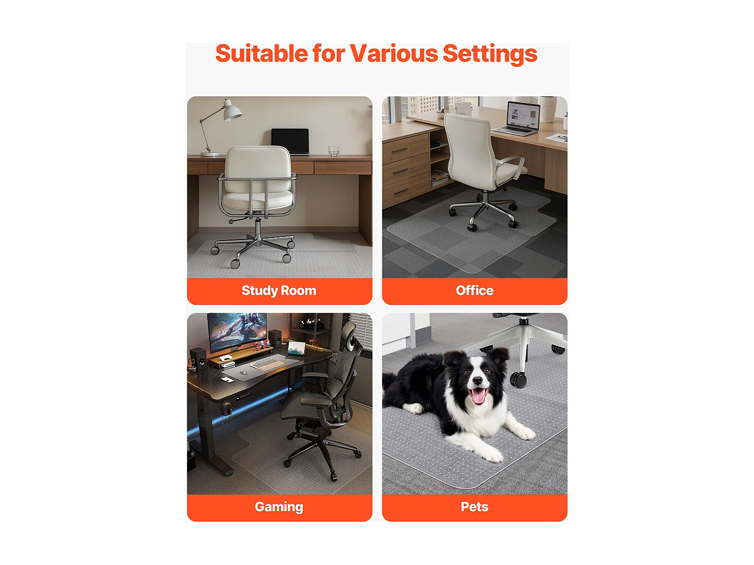 Tapis Chaise de Bureau SucceBuy avec Rebord de 121,9x91,4 cm, Tapis Protège-sol pour Moquettes en Plastique avec Clous, Antidérapant et Facile à Nettoyer