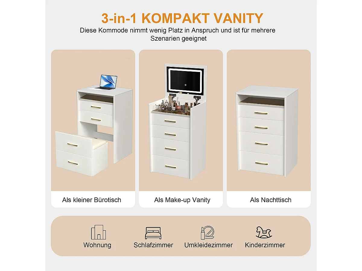 3-in-1 Schminktisch mit offenem Spiegel und 3 Schubladen Kosmetiktisch B60/H118/T40 cm