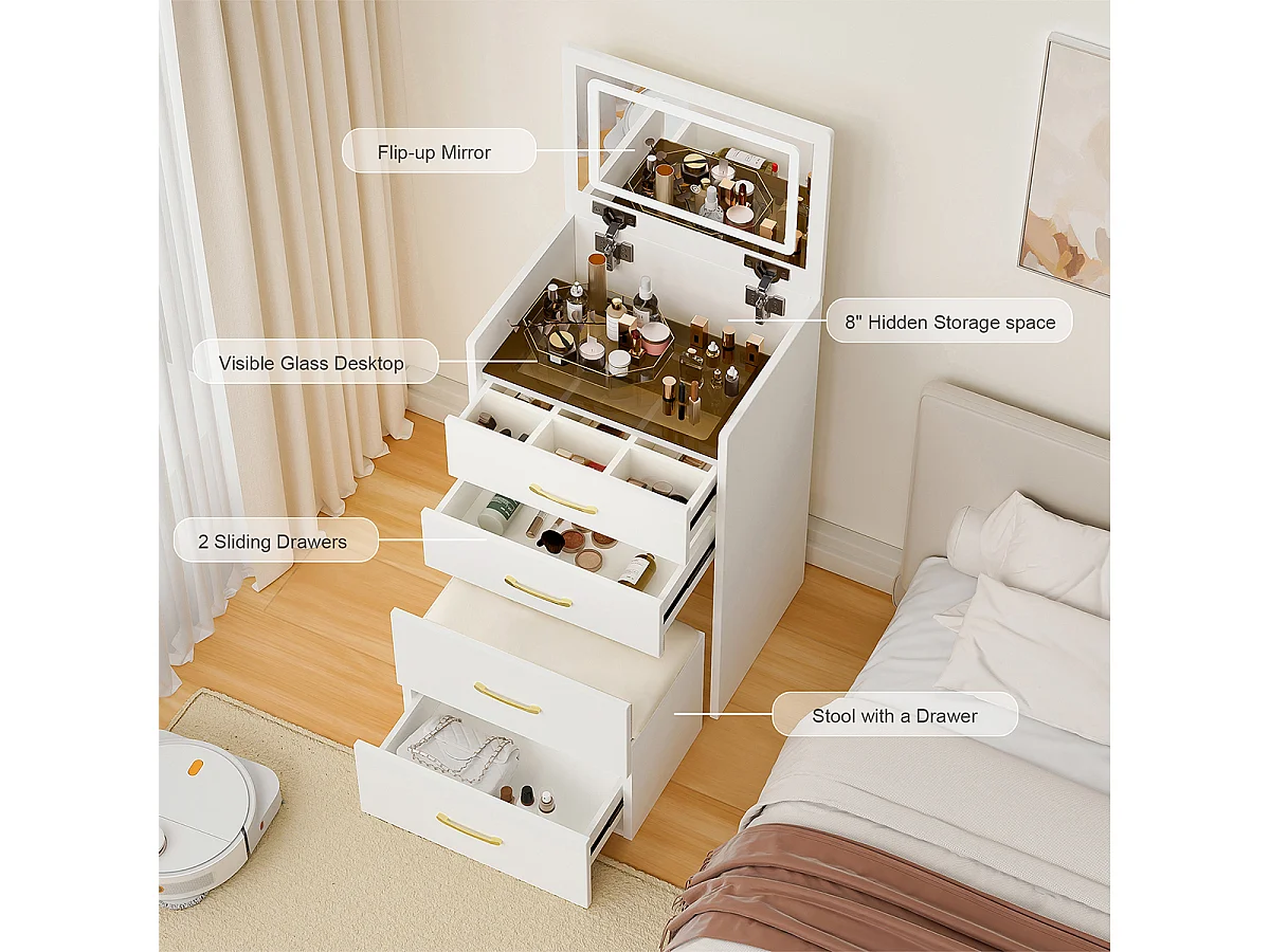 3-in-1 Schminktisch mit offenem Spiegel und 3 Schubladen Kosmetiktisch B60/H118/T40 cm