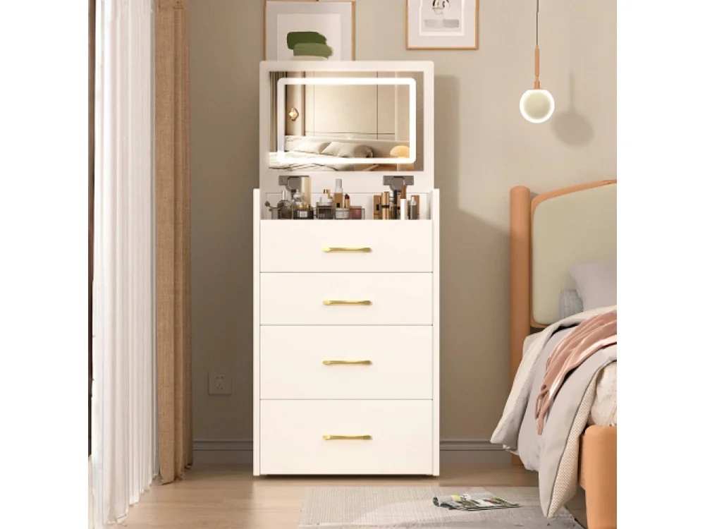 3-in-1-Schminktisch mit offenem Spiegel, kleines Schminktisch-Set mit Tischplatte aus Klarglas, kompakter Schminktisch mit 3 Schubladen,Maße:B60/H118/T40 cm