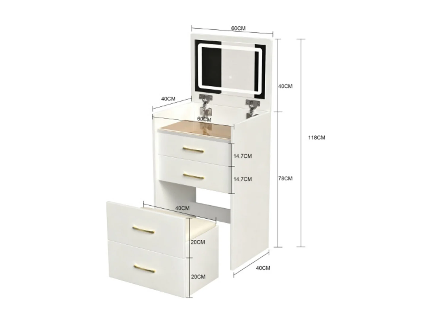 3-in-1-Schminktisch mit offenem Spiegel, kleines Schminktisch-Set mit Tischplatte aus Klarglas, kompakter Schminktisch mit 3 Schubladen,Maße:B60/H118/T40 cm